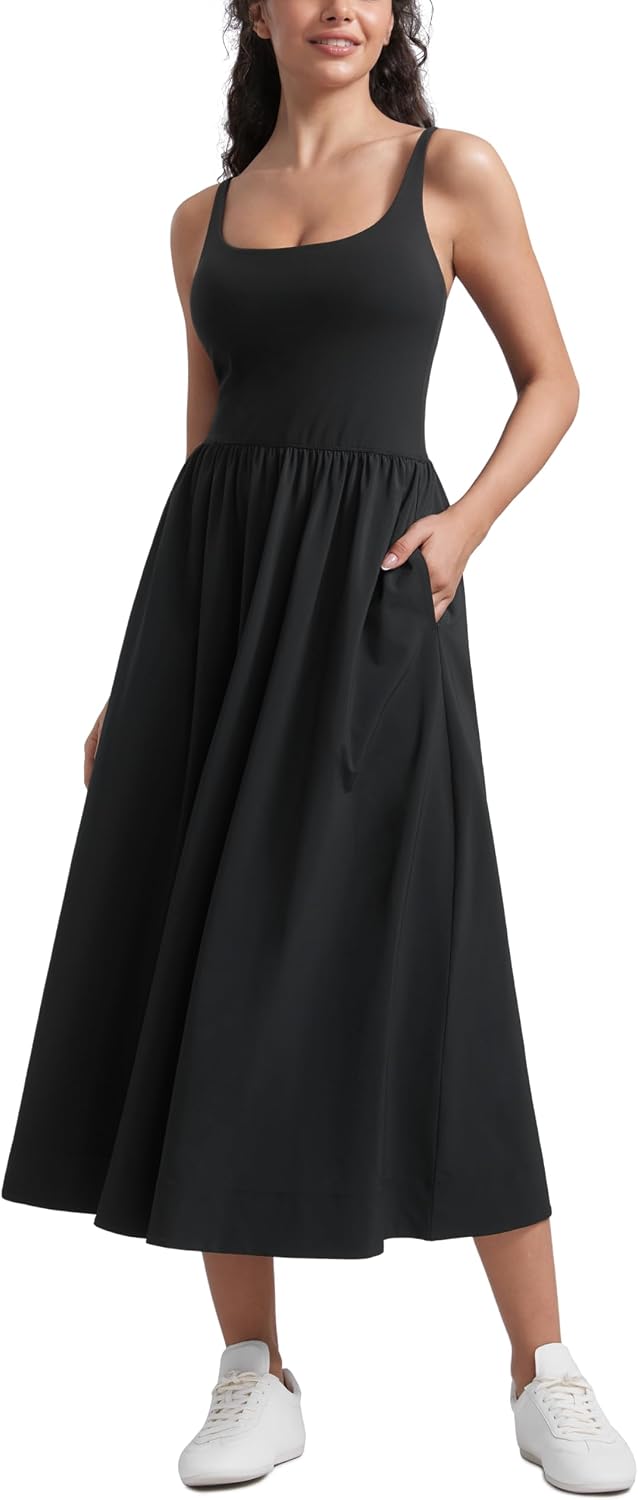 Detalle de CRZ YOGA Square Neck Maxi Dress with Pockets and Removable Pads