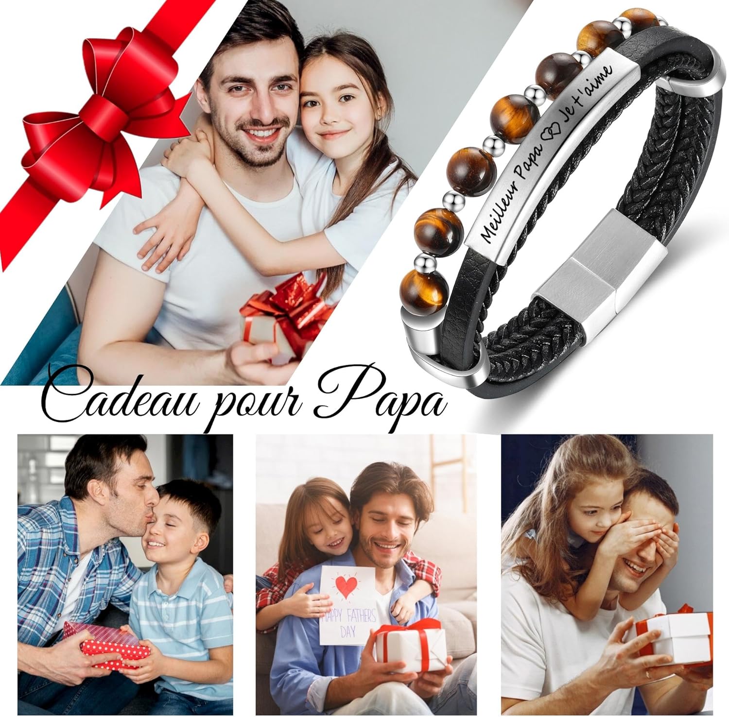 Detalle de Jbniuay Cadeau Homme – Bracelet en cuir triple avec perles naturelles