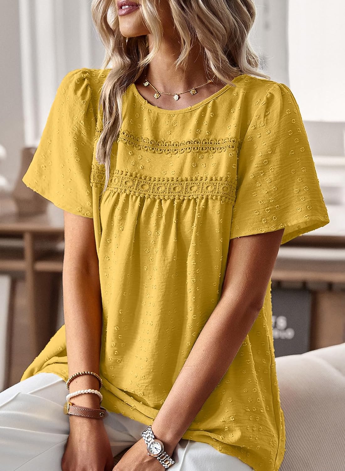 Detalle 2 de Falechay Boho Tops for Women Swiss Dot Babydoll Blouse with Lace Hem
