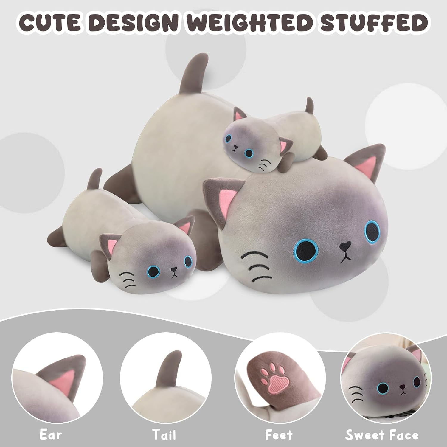 Detalle 2 de Xfrog Weighted Siamese Cat Plush: Soft Weighted Cat Stuffed Animal and Pillow (25cm/35cm/60cm)
