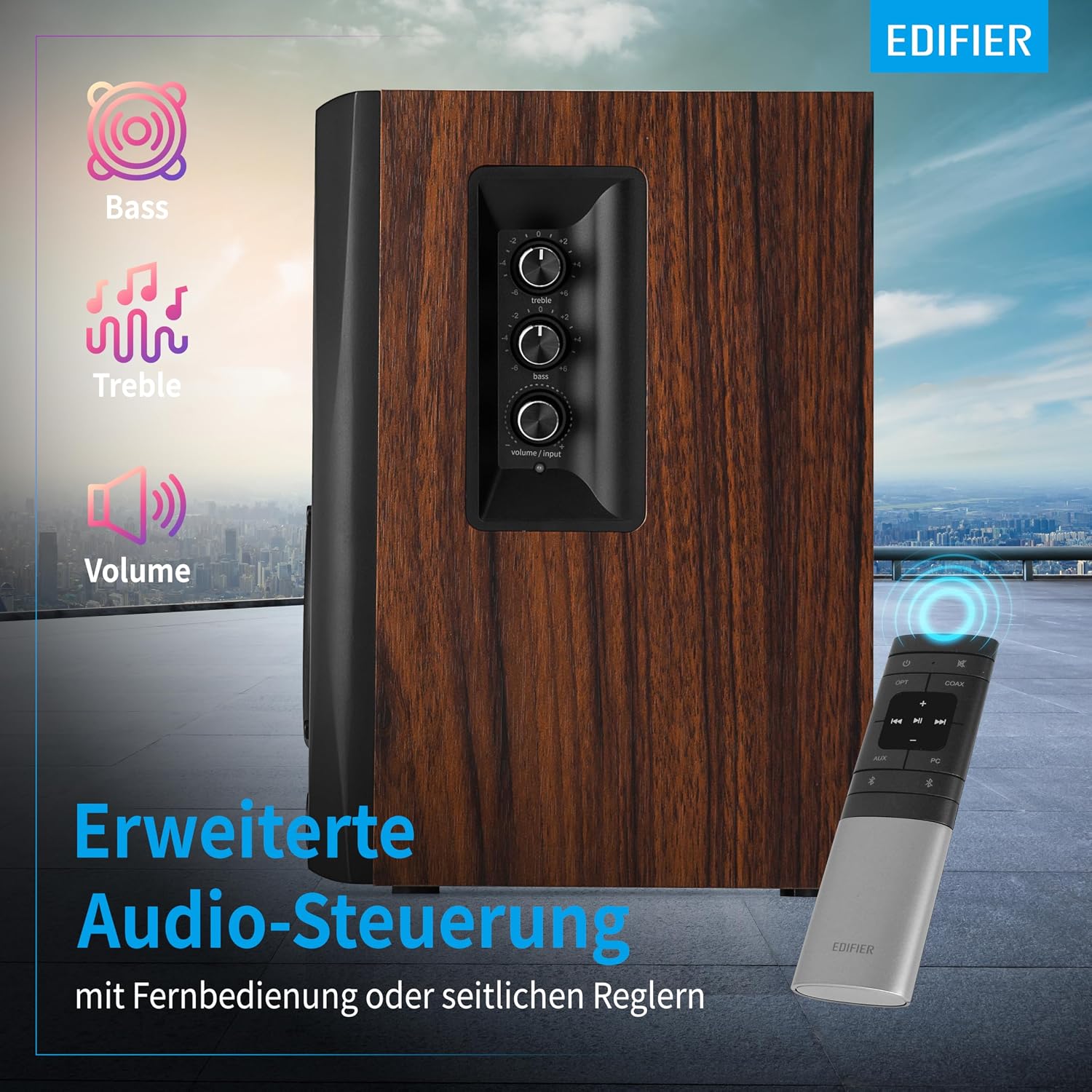 Detalle de Edifier S360DB 2.1 Regallautsprecher mit Subwoofer – Bluetooth 5.1 aptX, kabelloser Sound für Büro, Wohnzimmer und kleine Räume