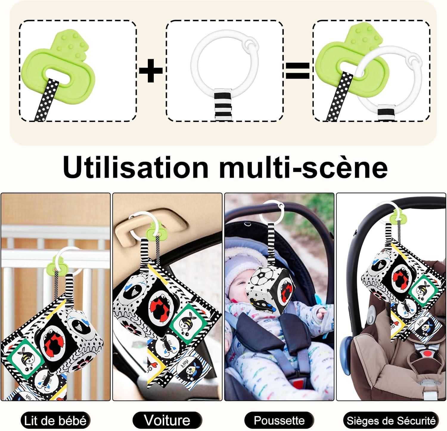 Thumbnail 3 de HappyKidsClub Jouet livre en tissu Montessori noir et blanc + hochet et tapis à froisser (0 à 12 mois)