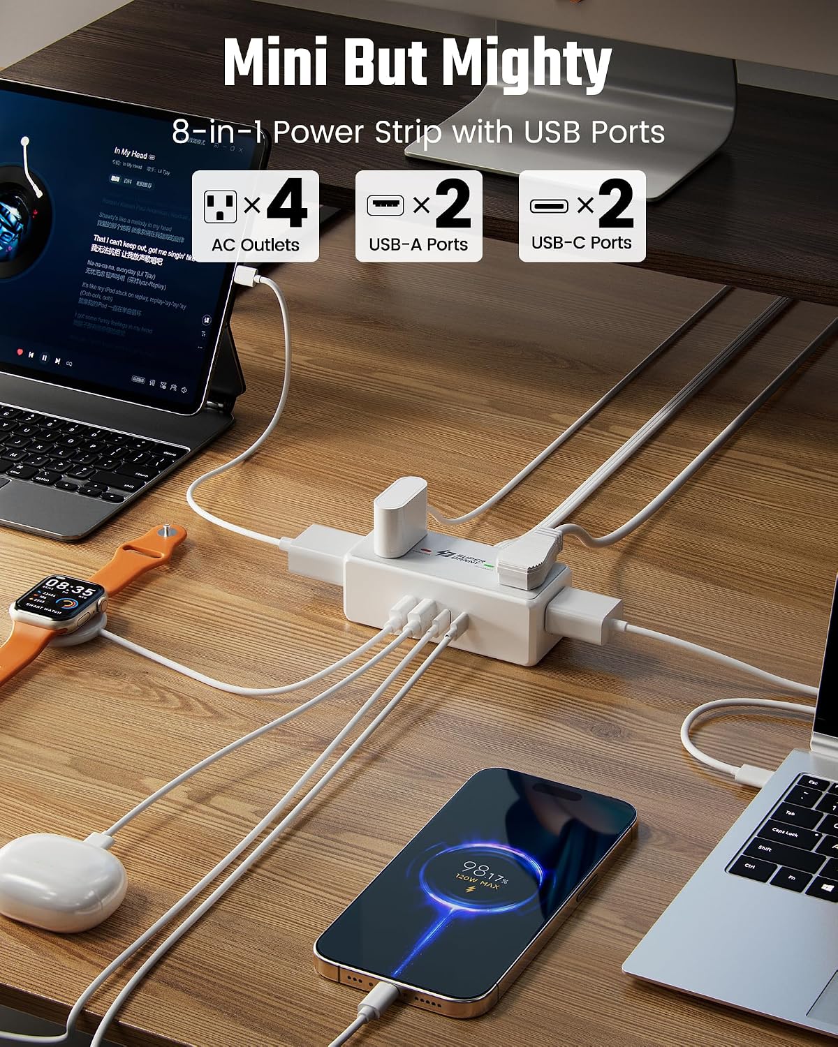 Detalle 2 de SUPERDANNY SDCP09 Power Strip with 4 AC Outlets, 4 USB Ports and 3-Ft Cord