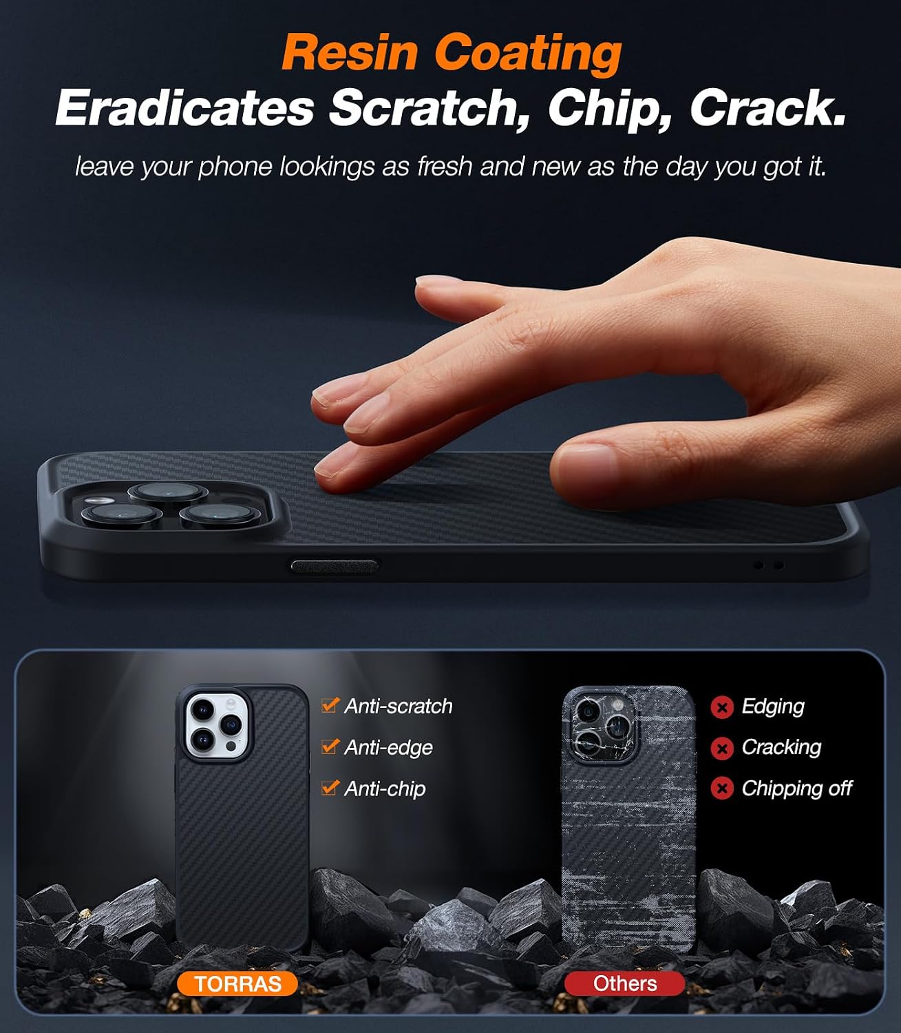 Detalle 2 de Torras Upgraded Stronger Magnetic iPhone 14 Pro Case with MagSafe (Aramid Fiber Back, Black Edge)