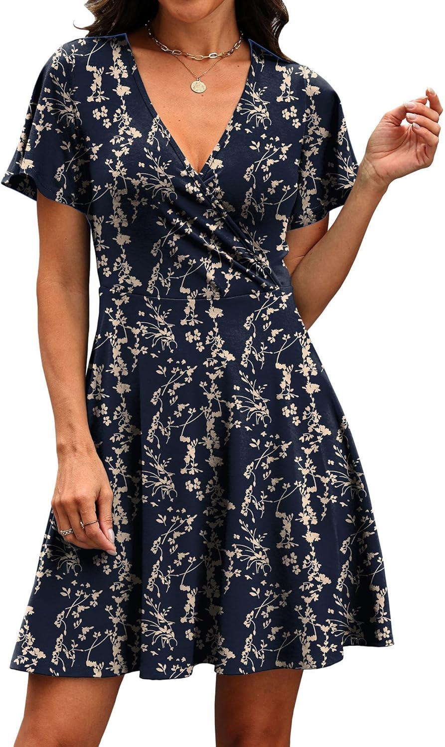 Detalle de RUMIA Women’s Wrap V-Neck A-Line Dress with Ruffle Sleeves