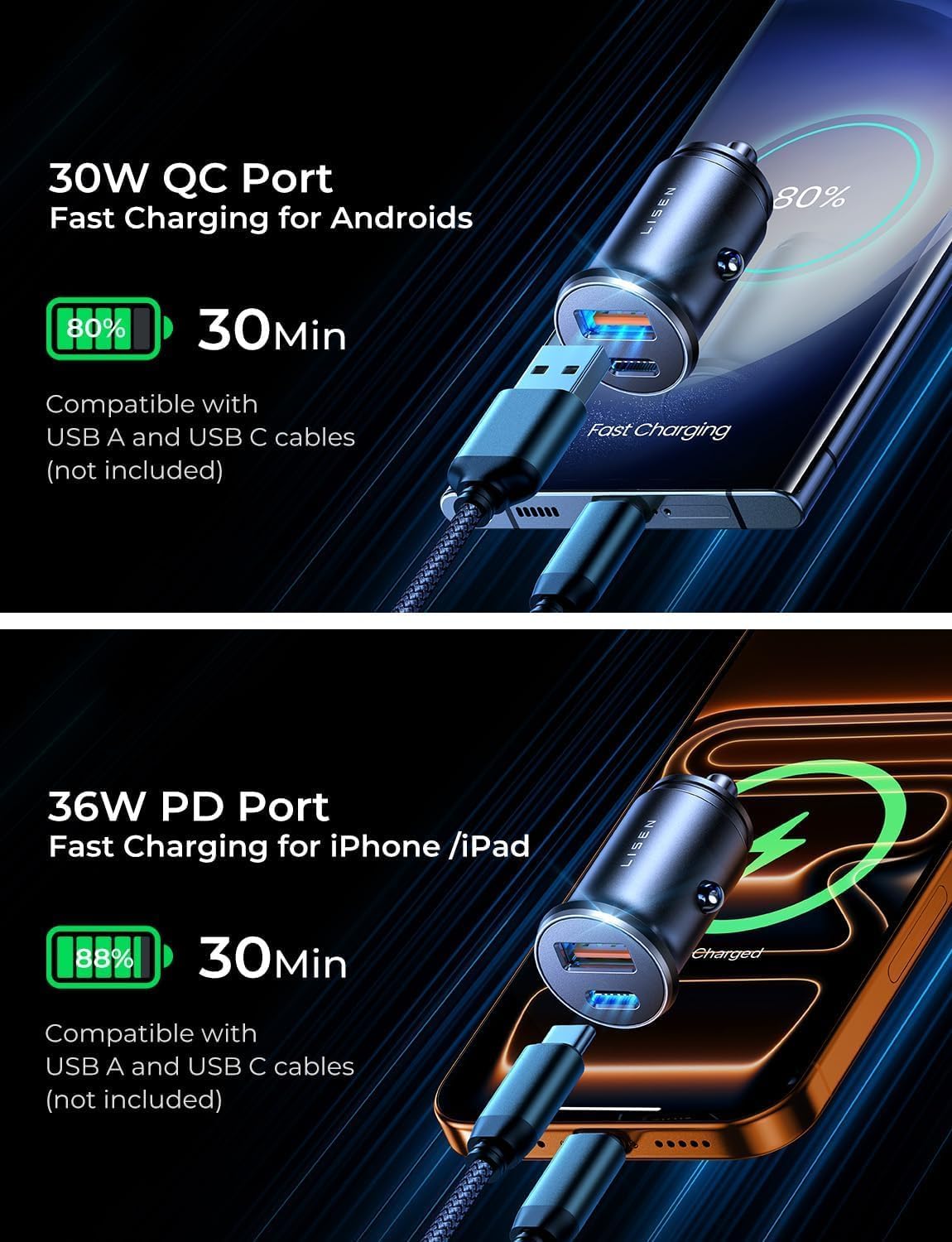 Detalle de LISEN Car Charger 69W USB‑C for iPhone