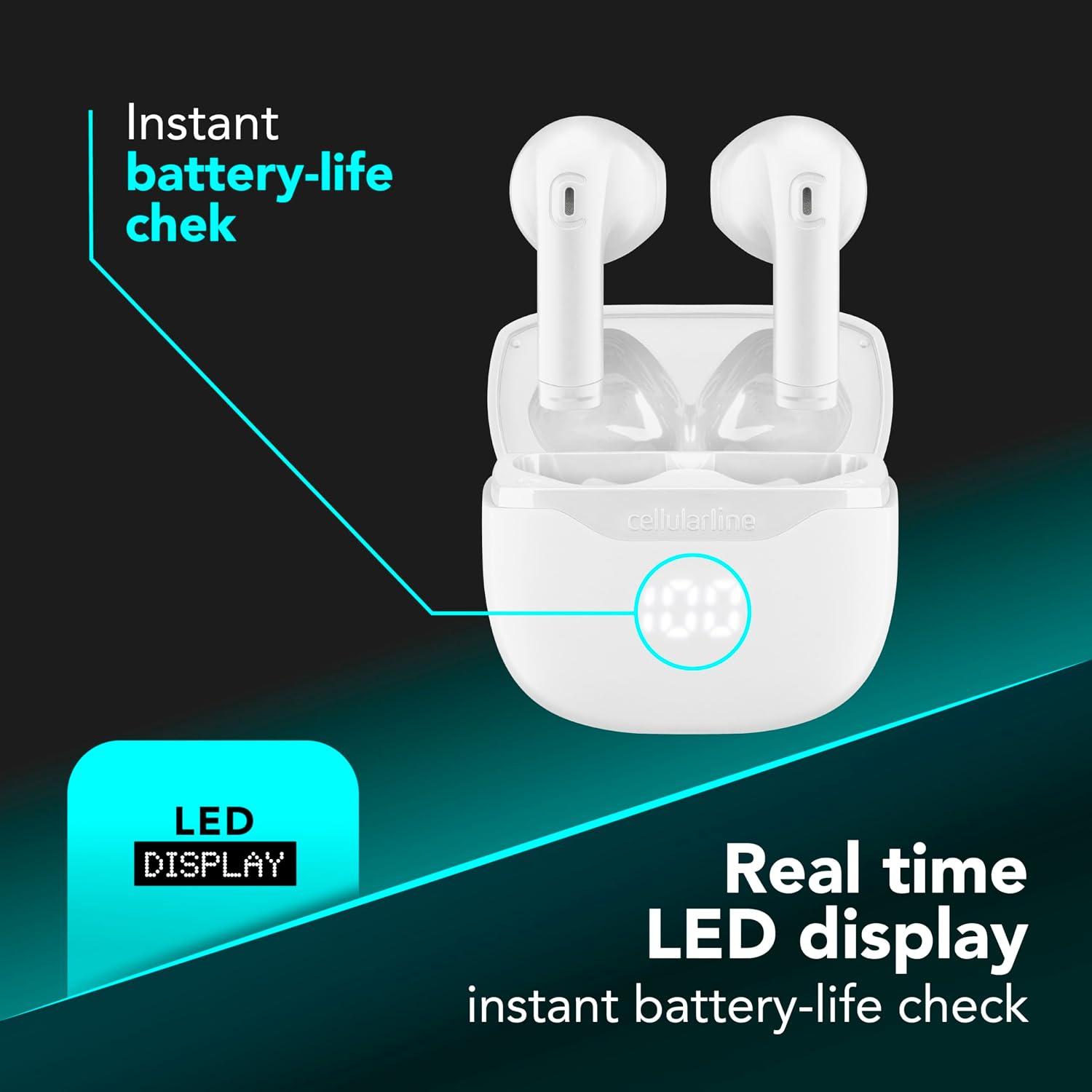 Detalle de Cellularline CORE True Wireless Bluetooth-Kopfhörer mit LED-Ladehülle, Touch-Steuerung und Double Master (weiß)