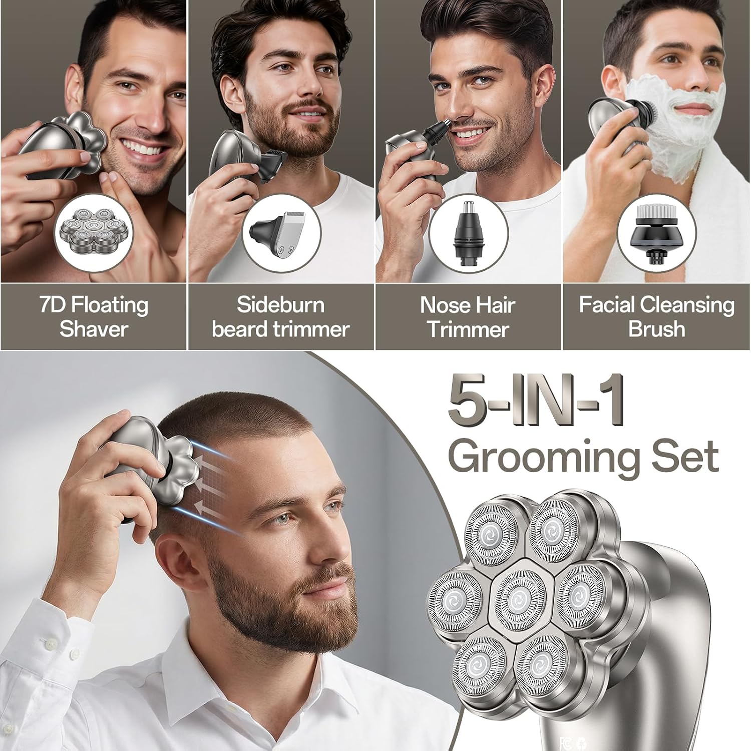 Thumbnail 3 de Electric Head Shaver for Men: 7D Flexible Rotary Shaver with IPX7 Waterproof 5‑in‑1 Grooming Kit