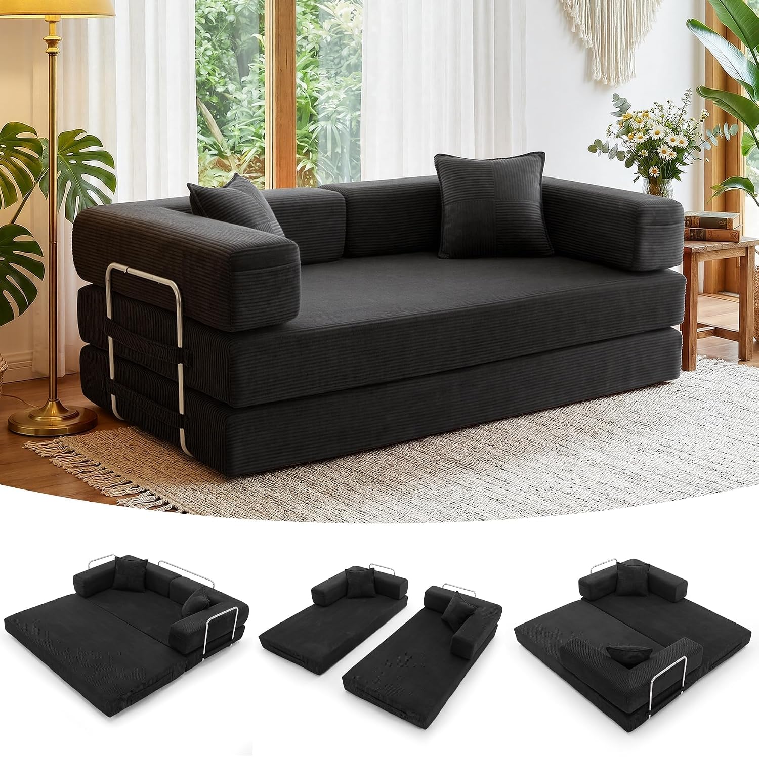 Detalle de YINIX Divano Letto Pieghevole 200cm Super King: un divano modulare con rivestimento in velluto e telaio in metallo