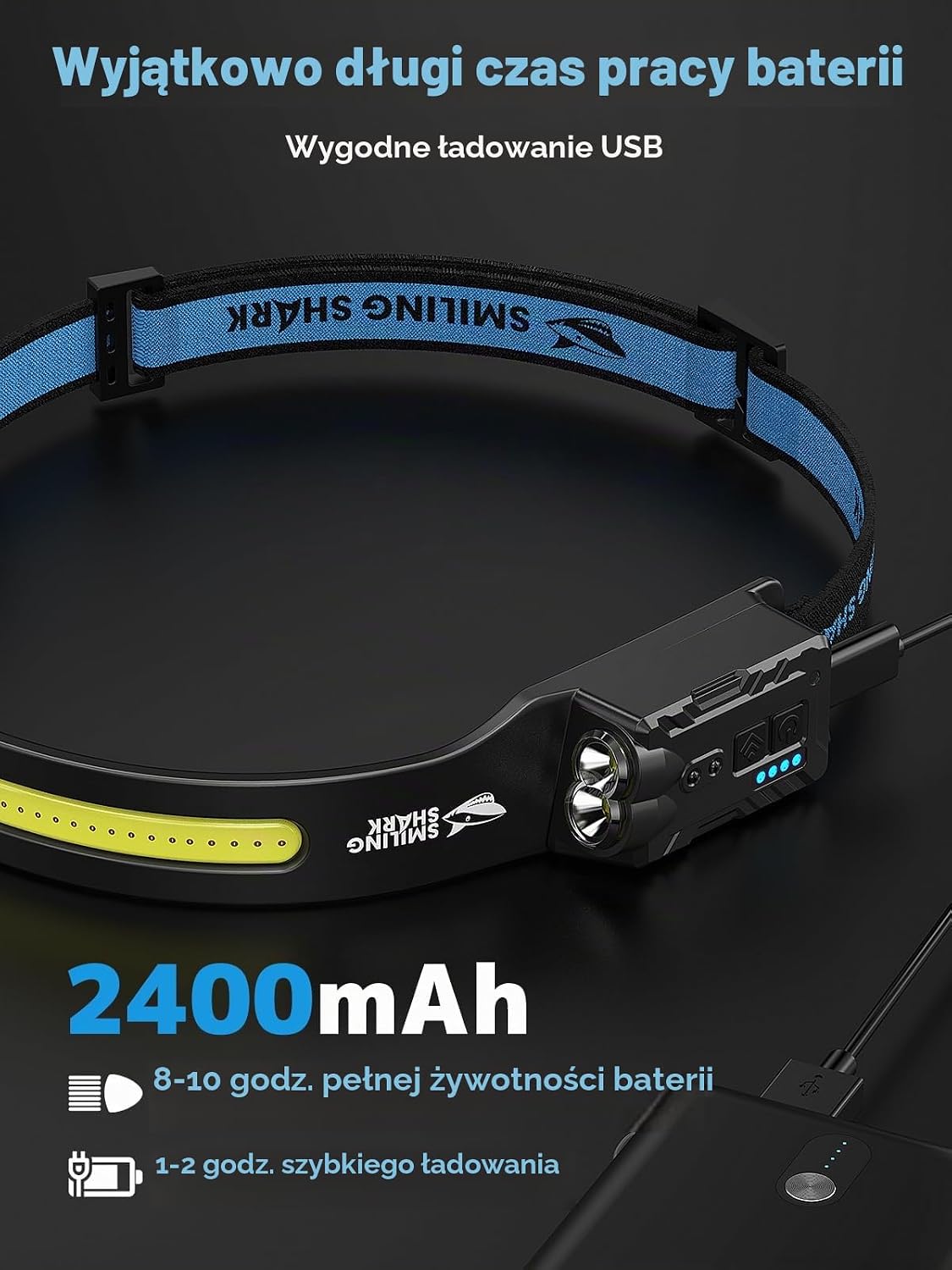 Detalle 1 de Smiling Shark TD-0123-S – czołówka LED, akumulator 2400 mAh, obrót 315°