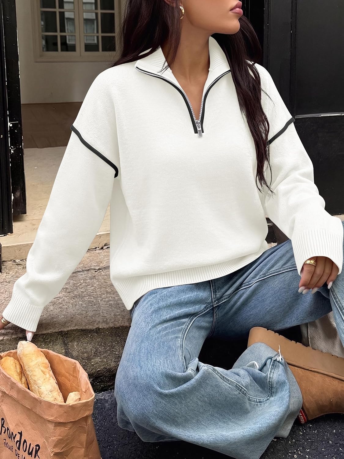 Detalle 2 de ANRABESS Women's Quarter-Zip Knit Sweater, Collared V-Neck, Loose Fit