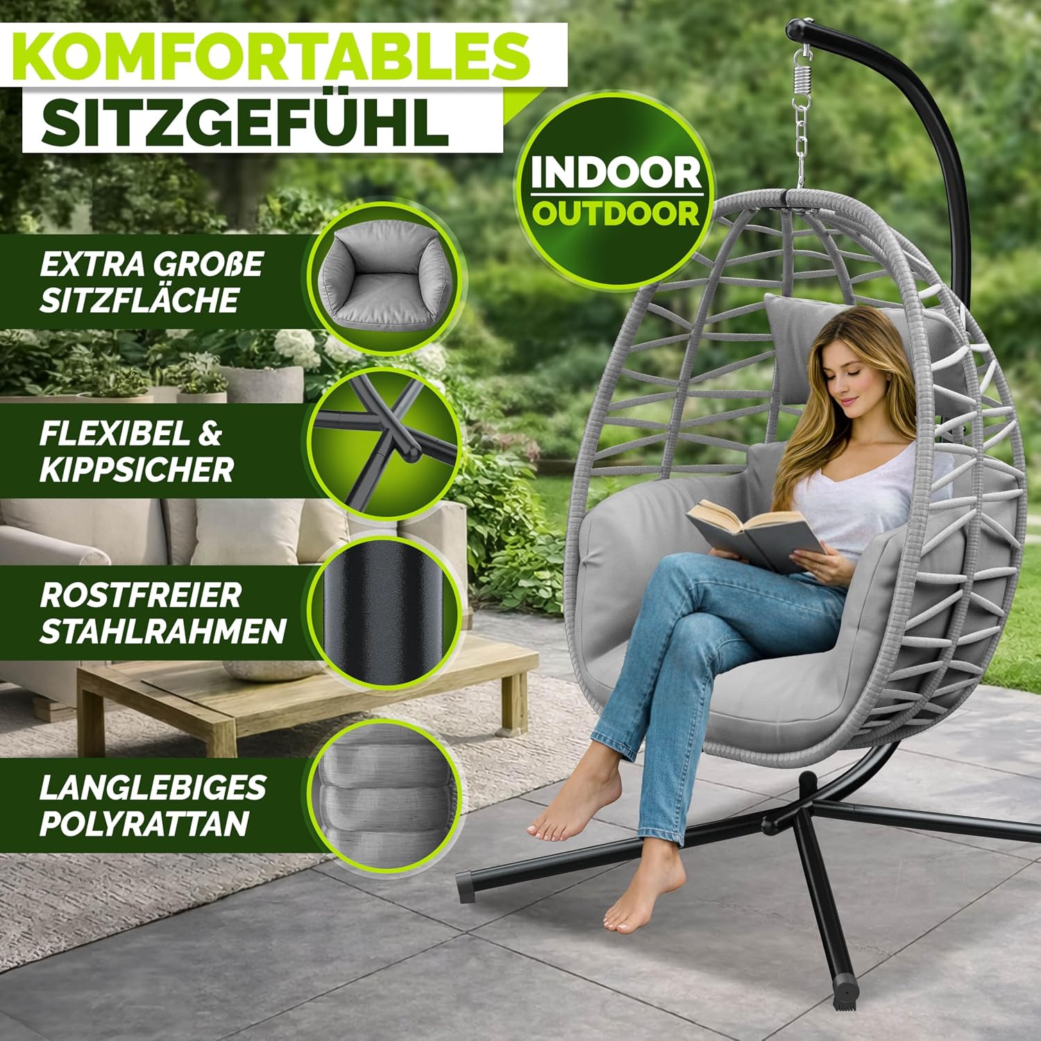 Thumbnail 2 de tillvex® Hängesessel mit Gestell – wetterfester Egg Chair aus Rattan, 150 kg Last, inkl. Abdeckung