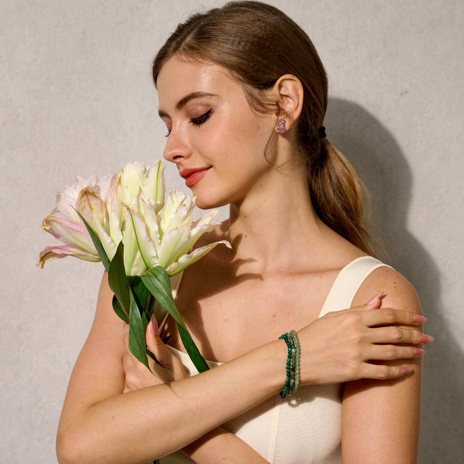 Detalle de Farfume 4mm Edelstein Perlen Armband – Malachit & 925er Silber, elastisch, Naturstein Schmuck für Damen