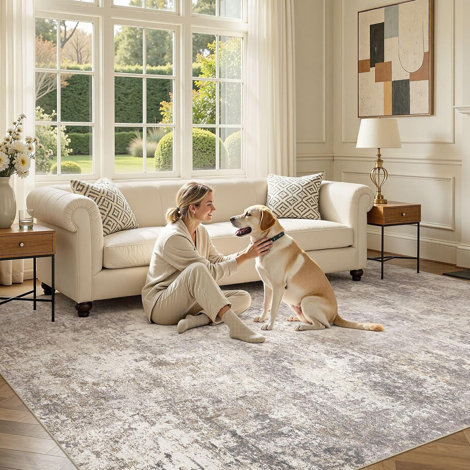 Thumbnail 4 de DMOYEST 8' x 10' Abstract Area Rug, Brown, Washable Low-Pile Polyester