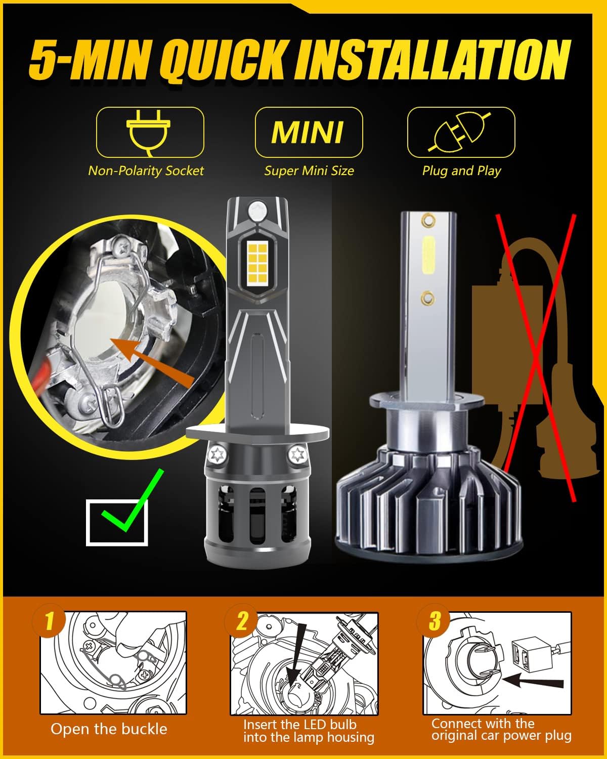 Detalle de KATUR H1 LED per fari auto Canbus 80W 16.000LM 6000K plug & play (2 pezzi)