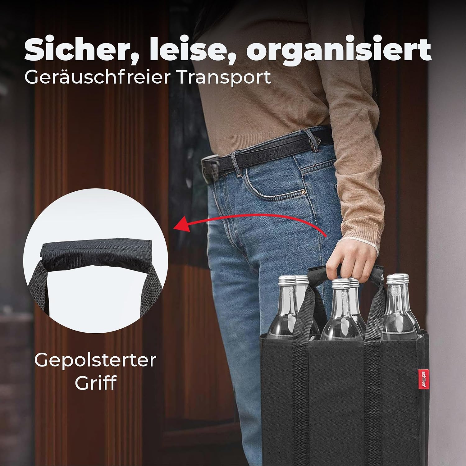 Detalle 2 de achilles Flaschentasche mit 6 Fächern (je 1,5 Liter) – faltbarer Flaschenträger mit Trennwänden, Reißfest, Schwarz