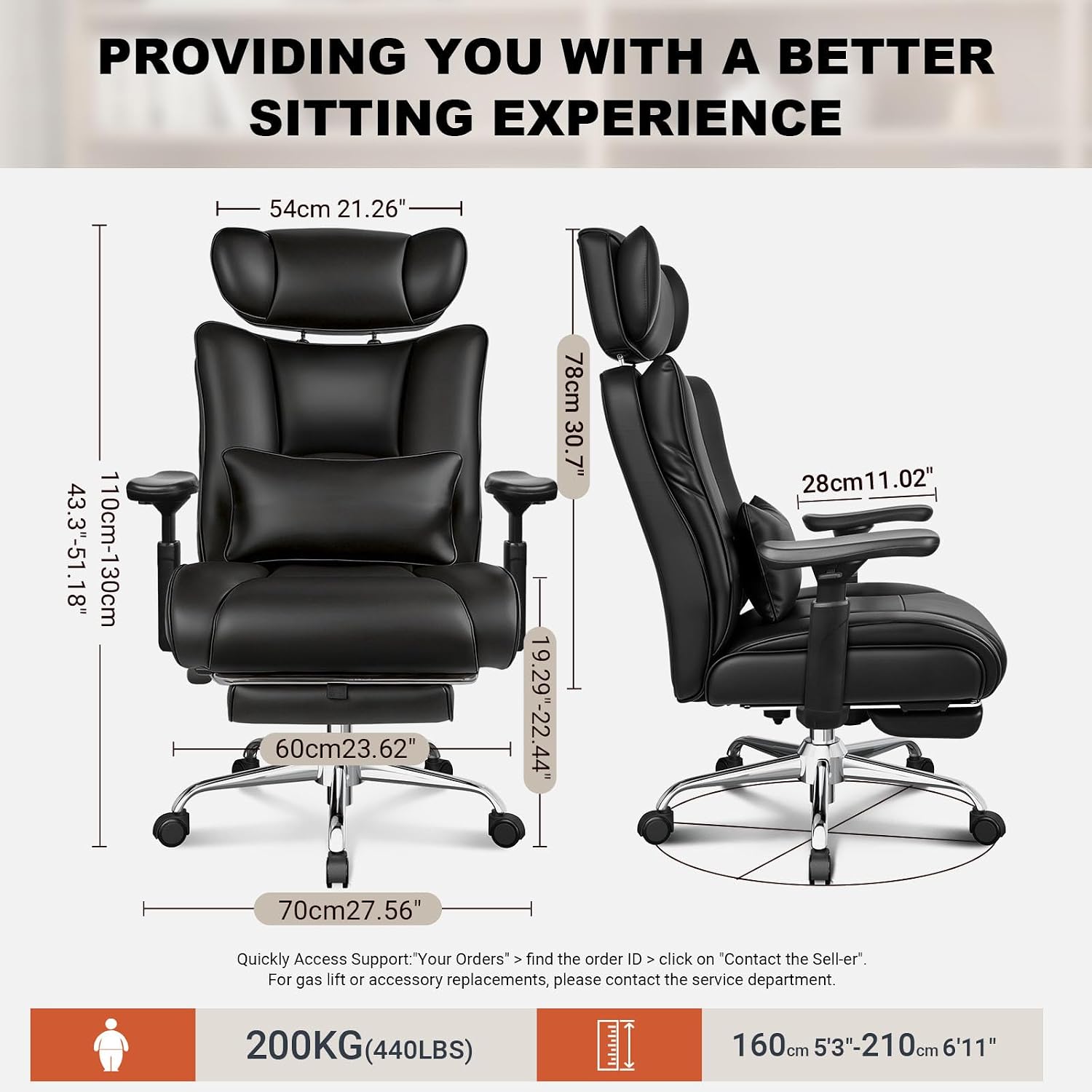 Thumbnail 1 de BASETBL Office Chair Heavy Duty: 440lbs/200kg XXL Leather Executive with Headrest, Footrest and 3D Armrests
