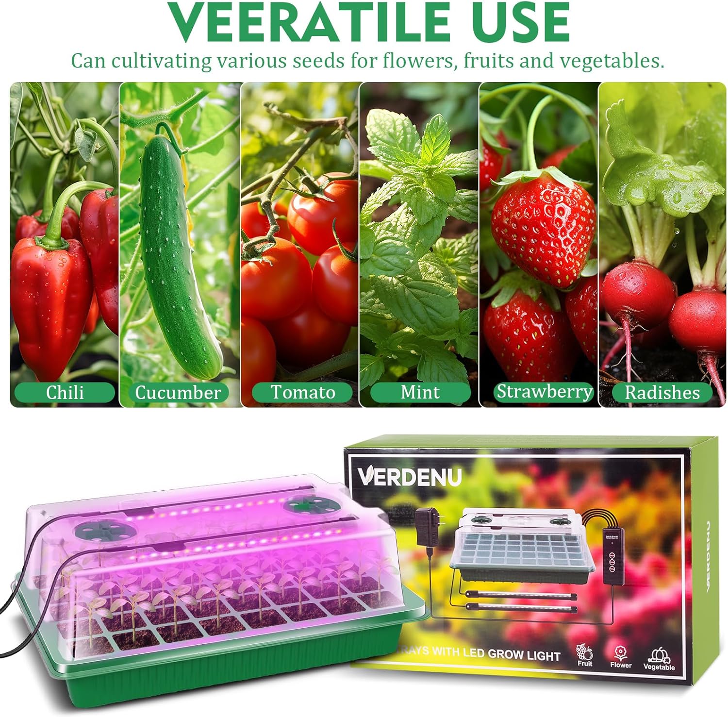 Detalle de Kit de démarrage de graines Verdenu Seed Starter Tray avec lampe de croissance (lot 2, 80 alvéoles) et dôme d’humidité