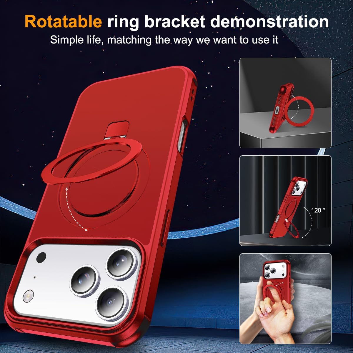 Detalle de Skylmw SKYLMW Compatible with iPhone 17 Pro Max Case (6.9") with Invisible Magnetic O-Ring Stand, Mag-Safe, Red