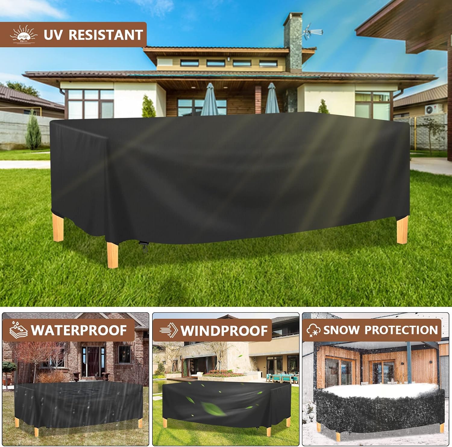 Detalle de Mokani Patio Furniture Cover, 420D Oxford, 95.2 × 63.7 × 39.3 in, Black
