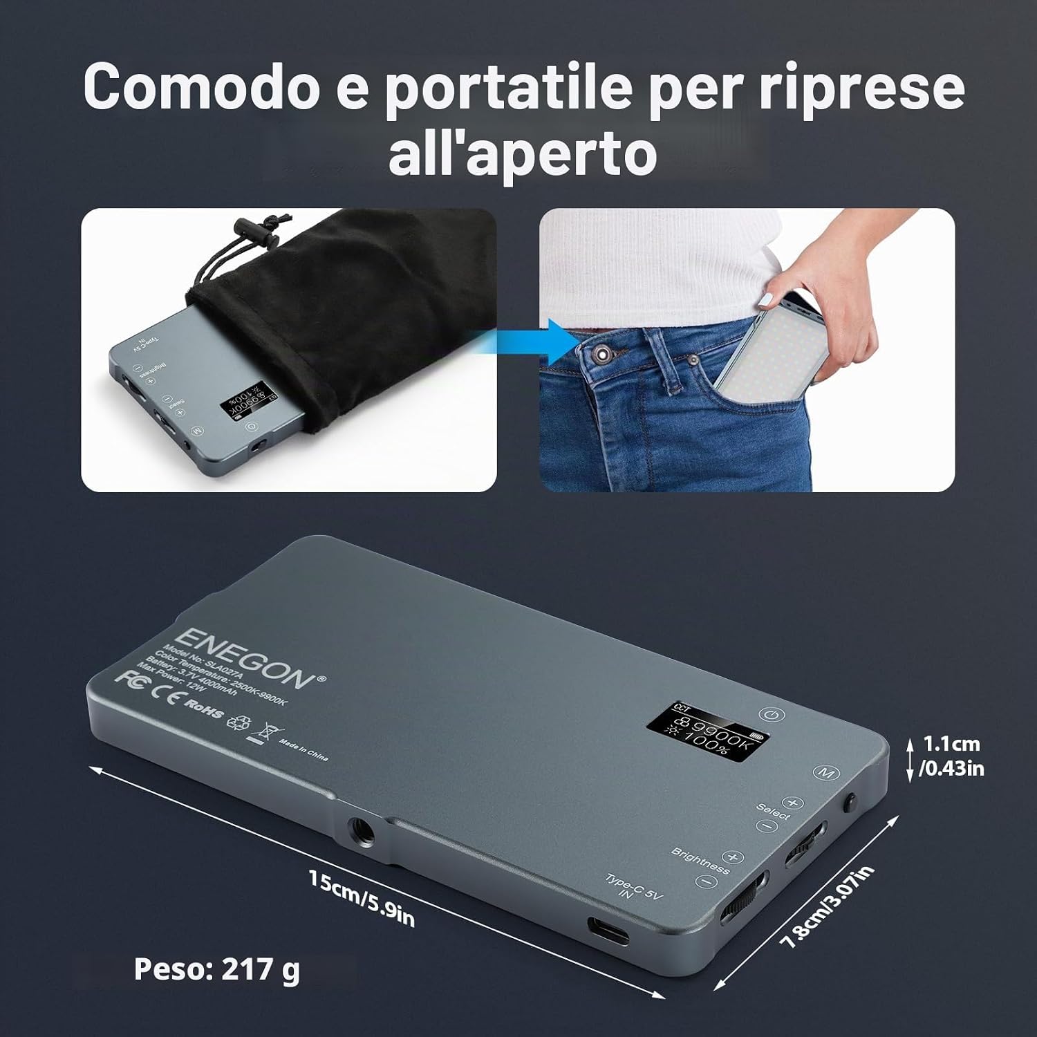 Detalle 2 de ENEGON 4000mAh Luce Video LED 2500K-9900K Bicolore: illuminazione compatta e ricaricabile per foto e video