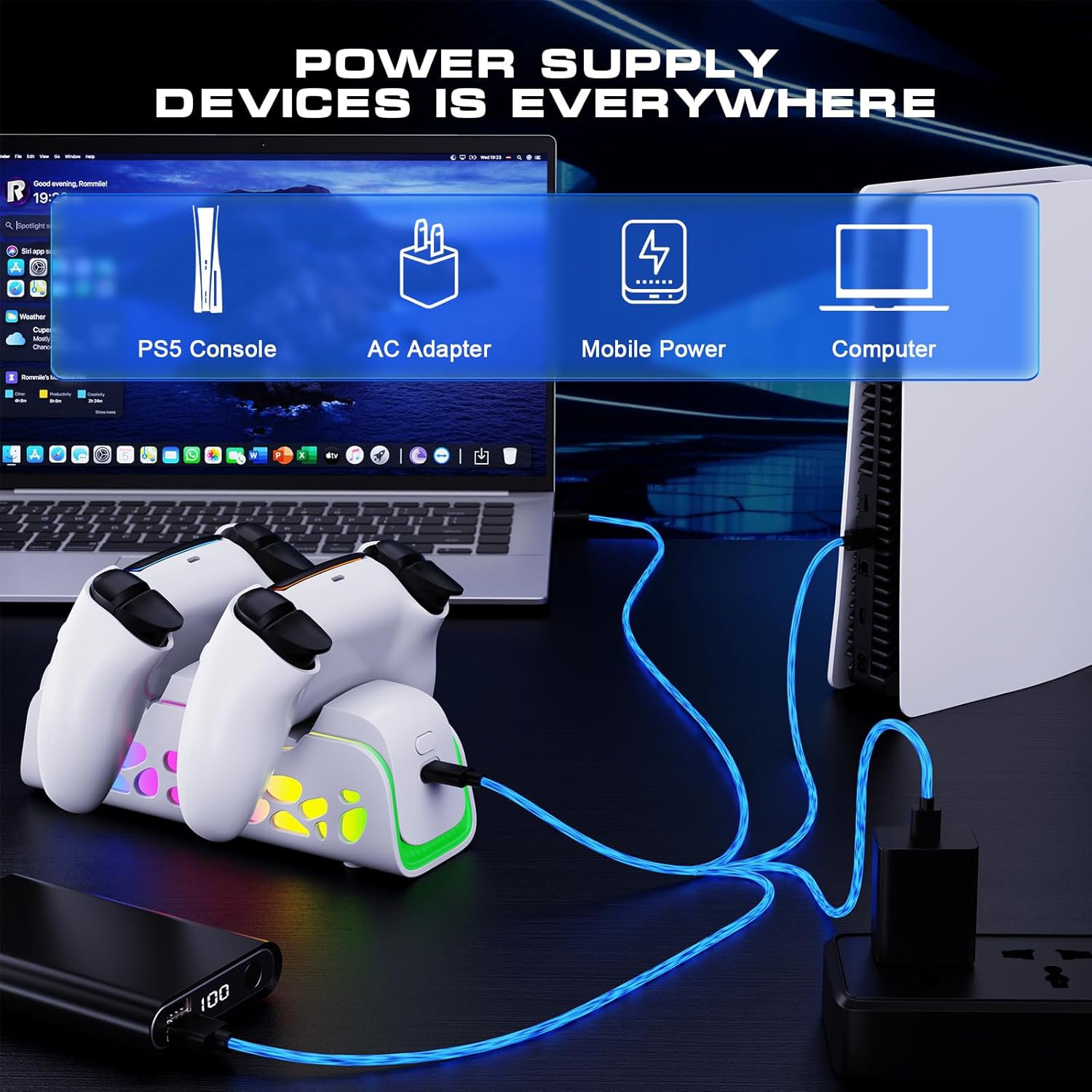 Detalle de PS5 Controller Charger Dual-Sensing Edge Charging Station (6 LED + RGB Modes) for PS5 Slim/Pro