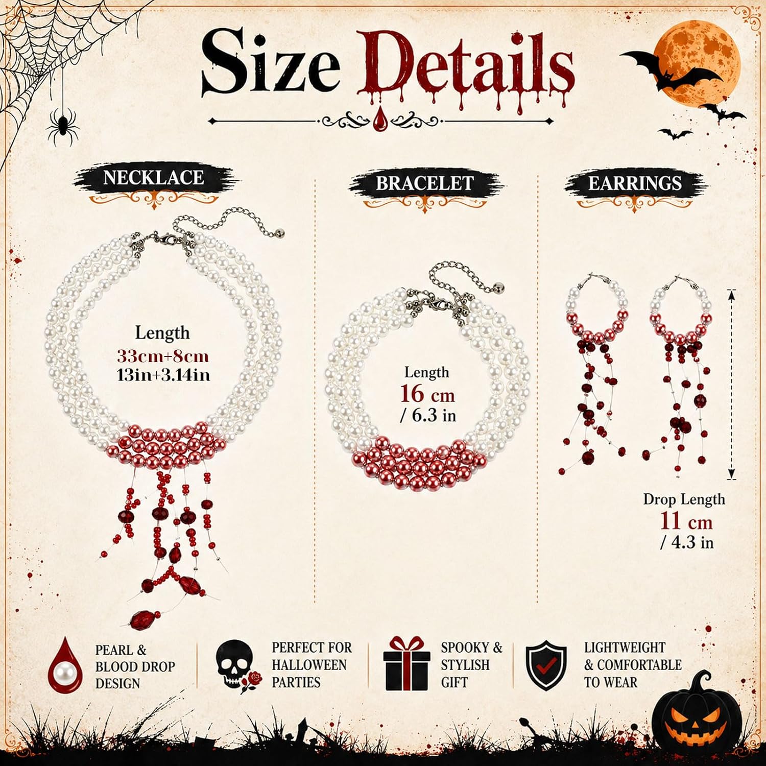 Detalle de Cuxawamiyo collar gótico de perlas con pulsera, pendientes y gotas rojas