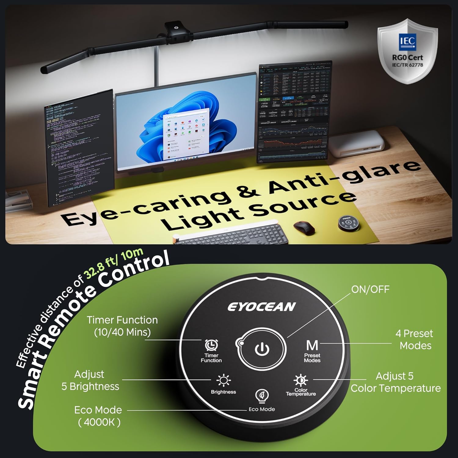 Thumbnail 4 de EYOCEAN Schreibtischlampe mit 4 Lichtquellen – dimmbar, Fernbedienung, 100 cm Lichtband