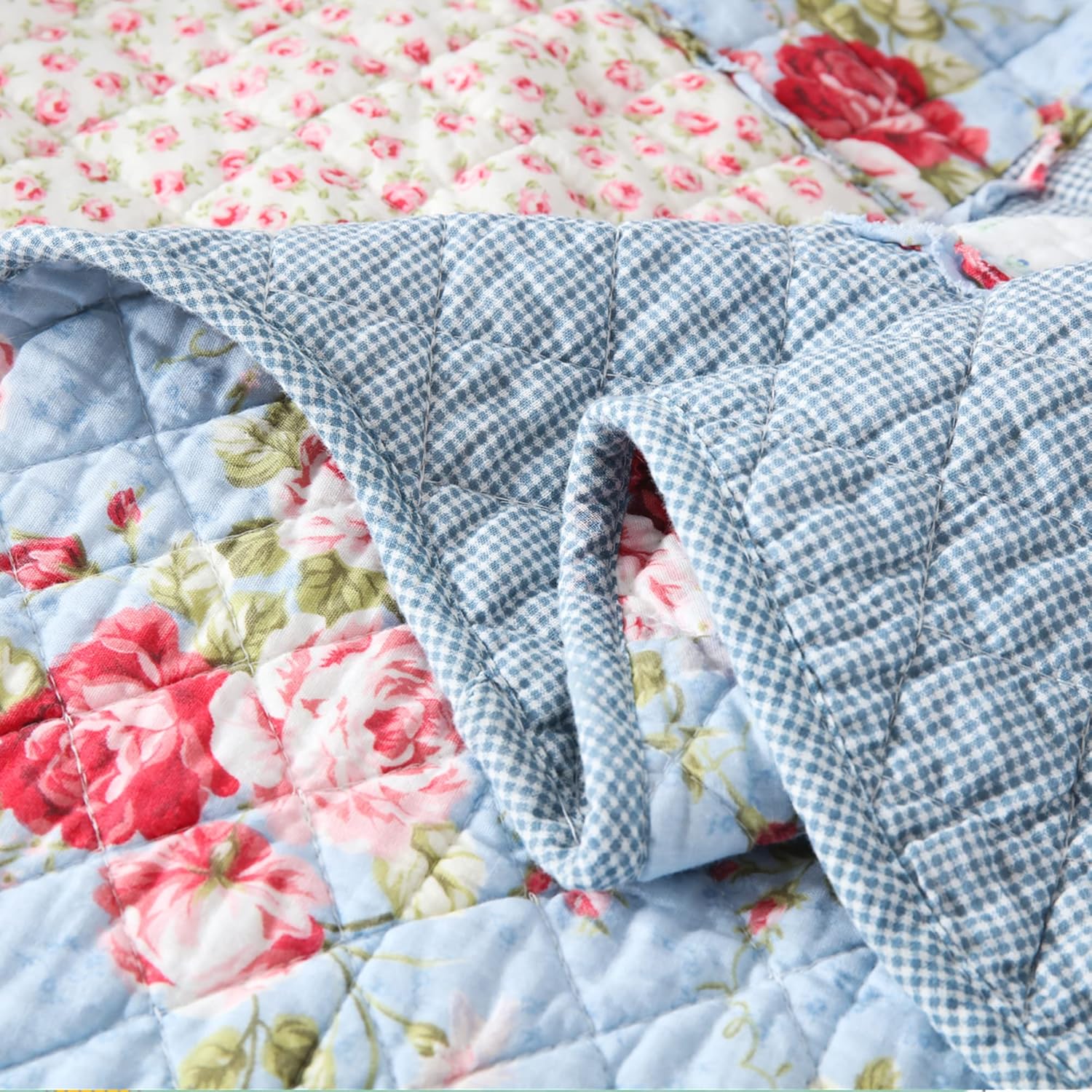 Detalle de Qucover Single Bedspread Quilted Soft Cotton Blue Floral Patchwork