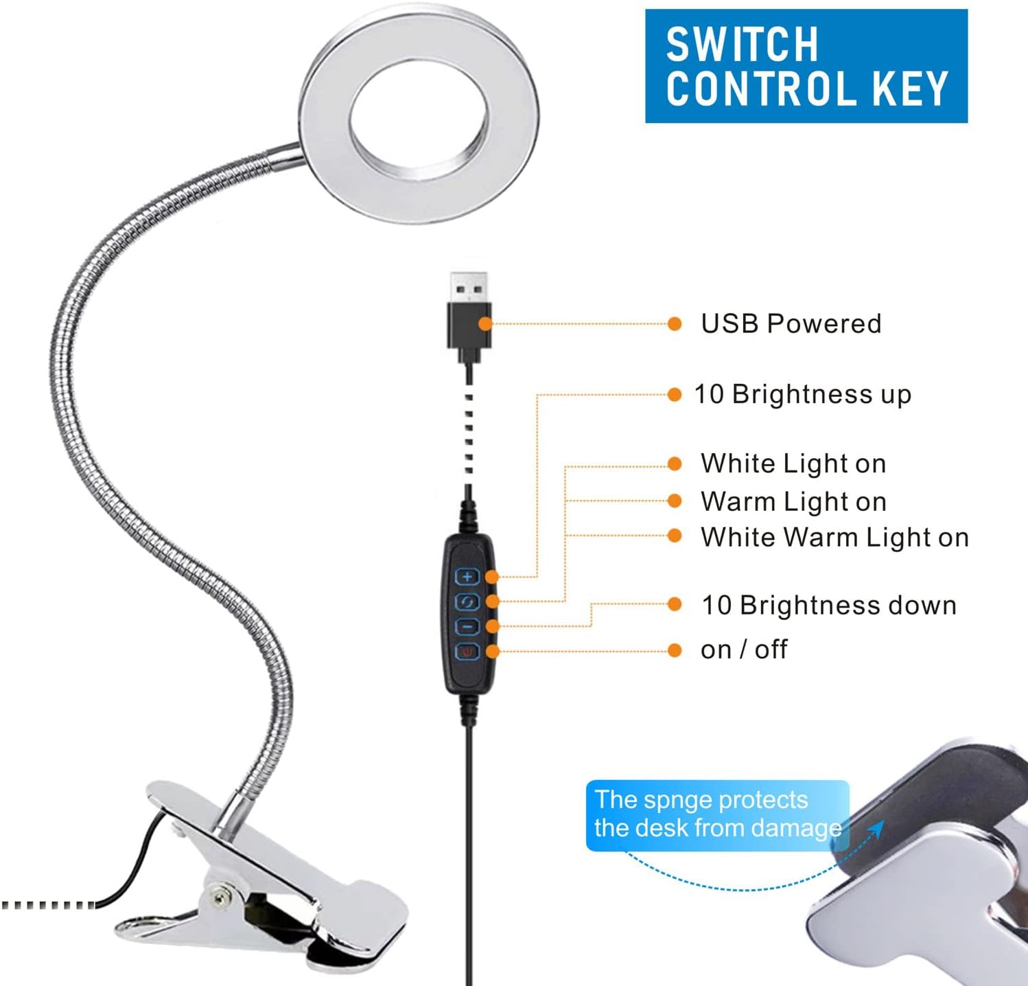 Detalle de KNAMKY USB LED Desk Lamp Clip-On Reading Light