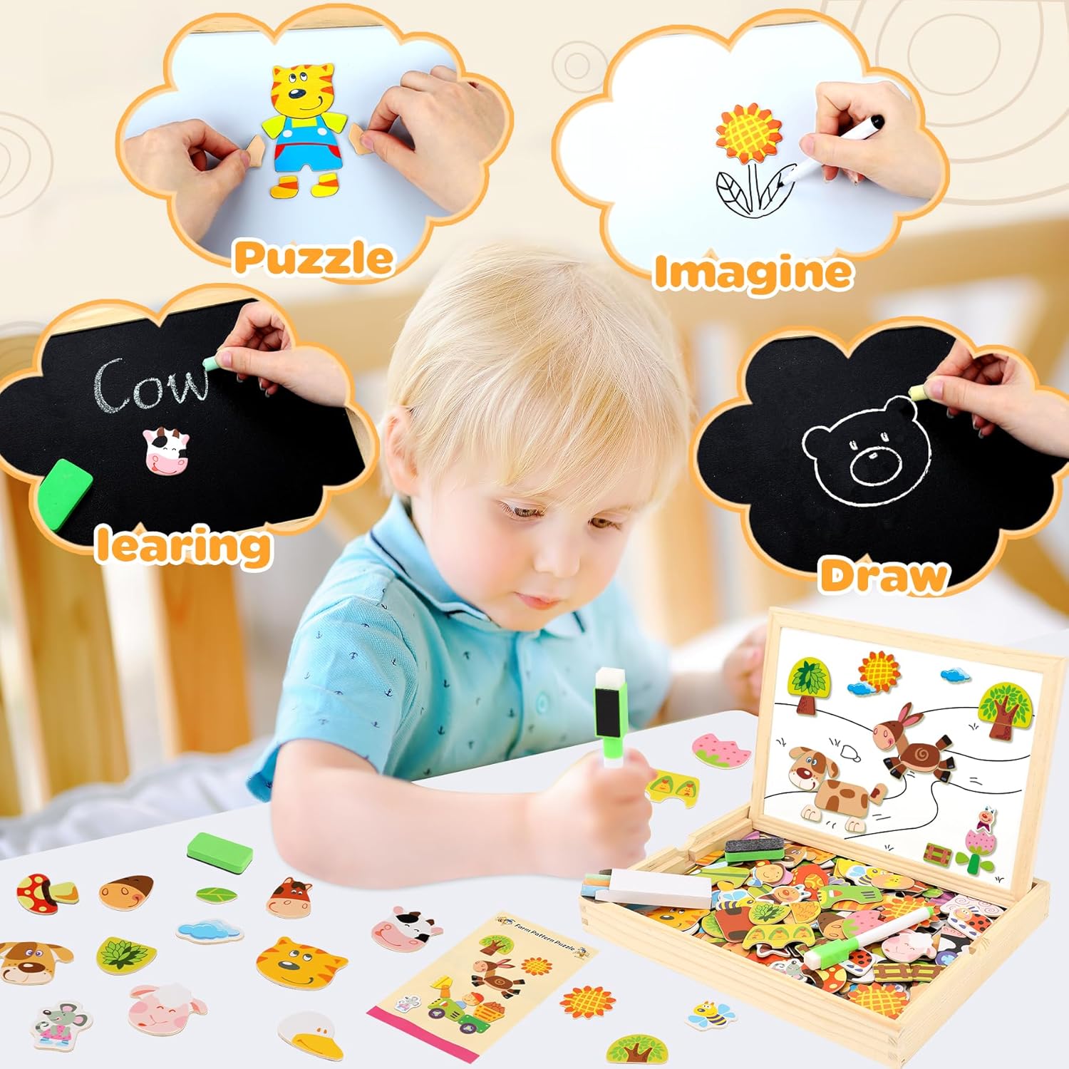 Thumbnail 4 de COOLJOY Flyfun Puzzle Magnetico Legno: Puzzle magnetico con lavagna doppia facciata per apprendimento e creatività