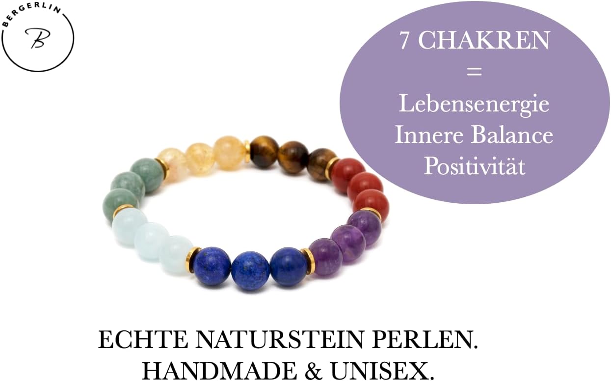 Detalle de BERGERLIN 7 Chakra Armband aus Naturstein & Lavastein – zertifiziert (EPI) mit Echtheitszertifikat