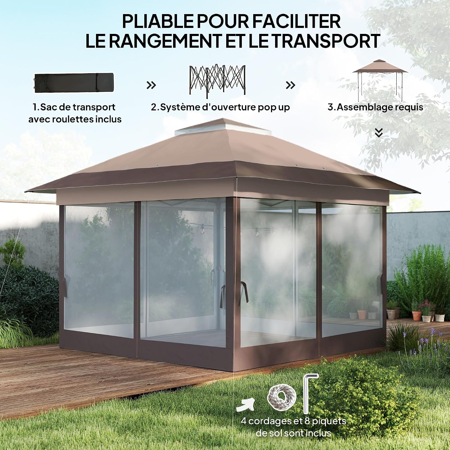 Detalle 2 de Outsunny Tonnelle de jardin pliante 3,6x3,6 m à double toit avec moustiquaires et sac de transport à roulettes