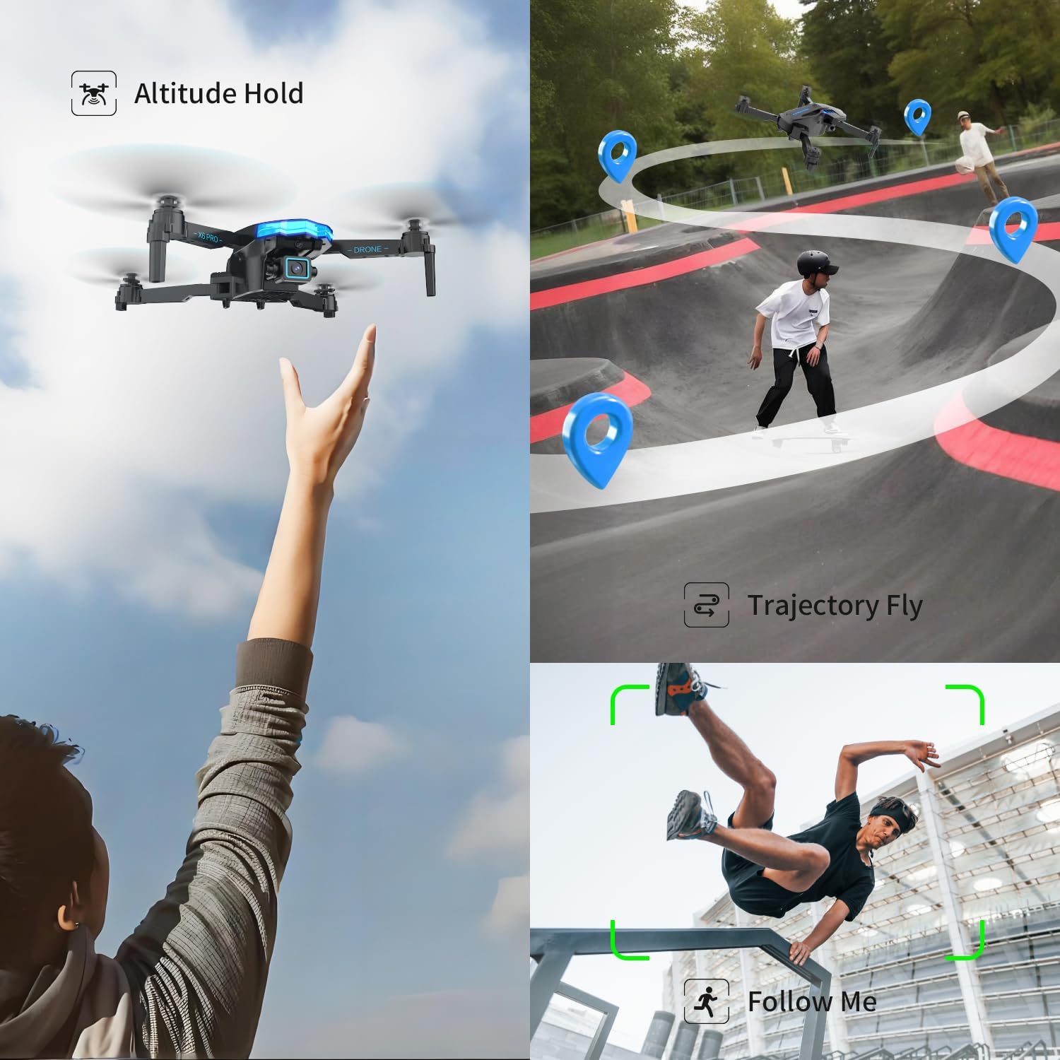 Detalle de kononioo Drone con Telecamera HD 1080P, motori brushless e funzione 3D per bambini e ragazzi (Grey)