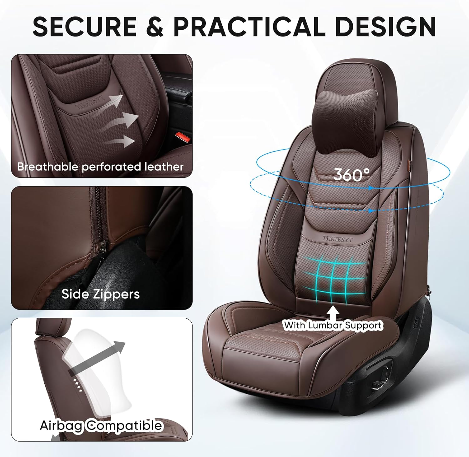 Thumbnail 6 de TIEHESYT Coffee Car Seat Covers Full Set: Breathable Nappa Leather, Front & Rear Coverage