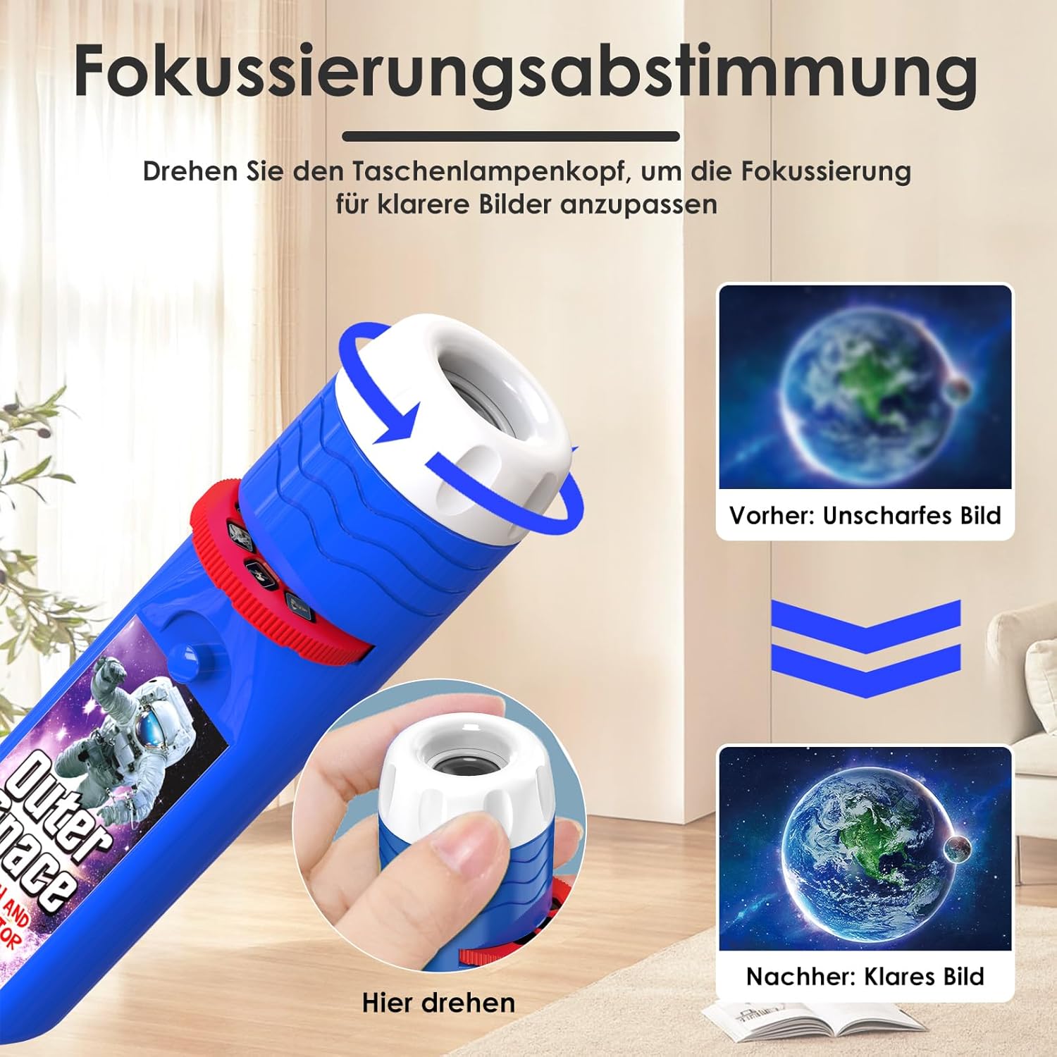Detalle 2 de Pup Go Projektor Taschenlampe Weltraum – 3 Discs mit 24 Bilder, Lernspielzeug für Kinder ab 3 Jahren
