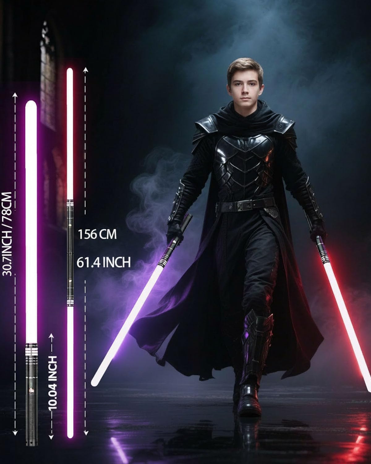 Thumbnail 2 de Lichtschwert 2 in 1 Duell – USB-Aufladbares Doppel-Laserschwert mit 16 RGB-Farben, 4 Sounds, Aluminiumgriff (Schwarz-B)