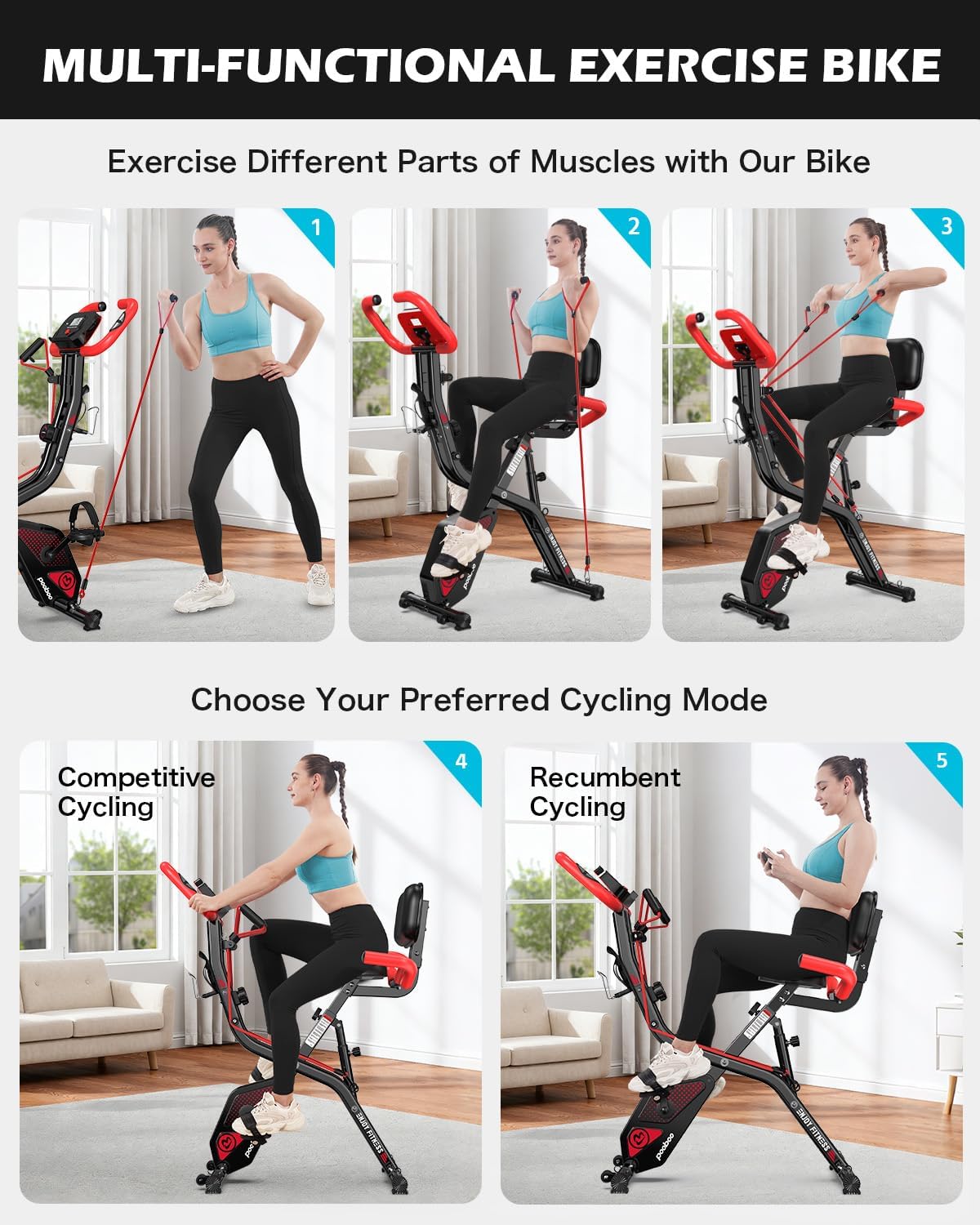 Detalle 2 de pooboo X-819 Folding Magnetic Exercise Bike, 8 Resistance Levels