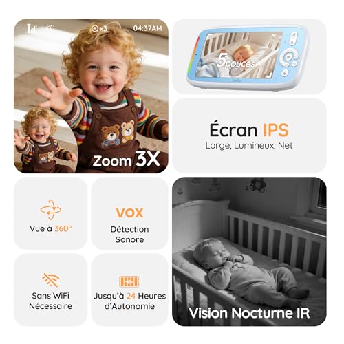 Detalle 2 de BOIFUN babyphone vidéo modèle amélioré, écran IPS 5 pouces 720p