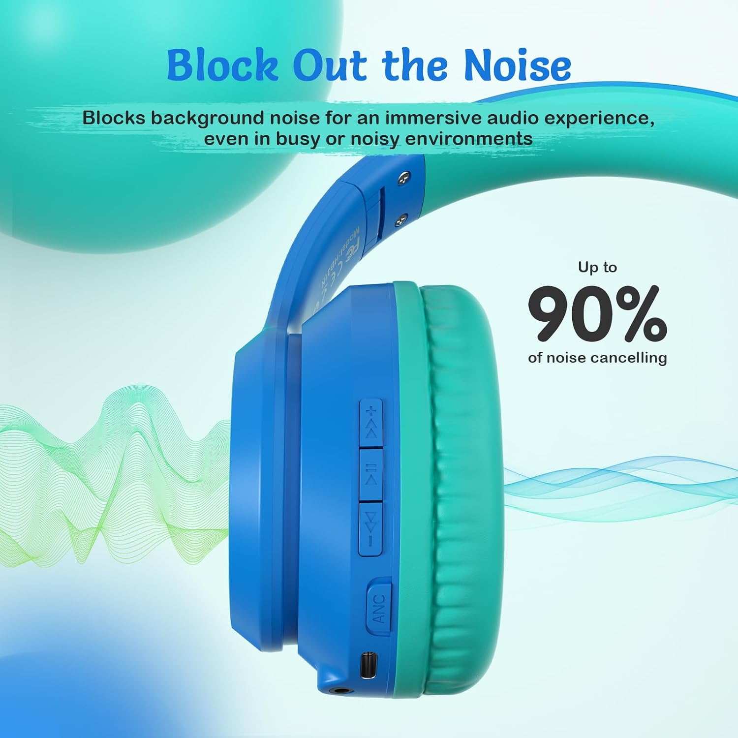 Detalle de TONOSHARK Kids Wireless Noise Cancelling Headphones (Foldable) with Microphone – Dark blue, 60h playtime