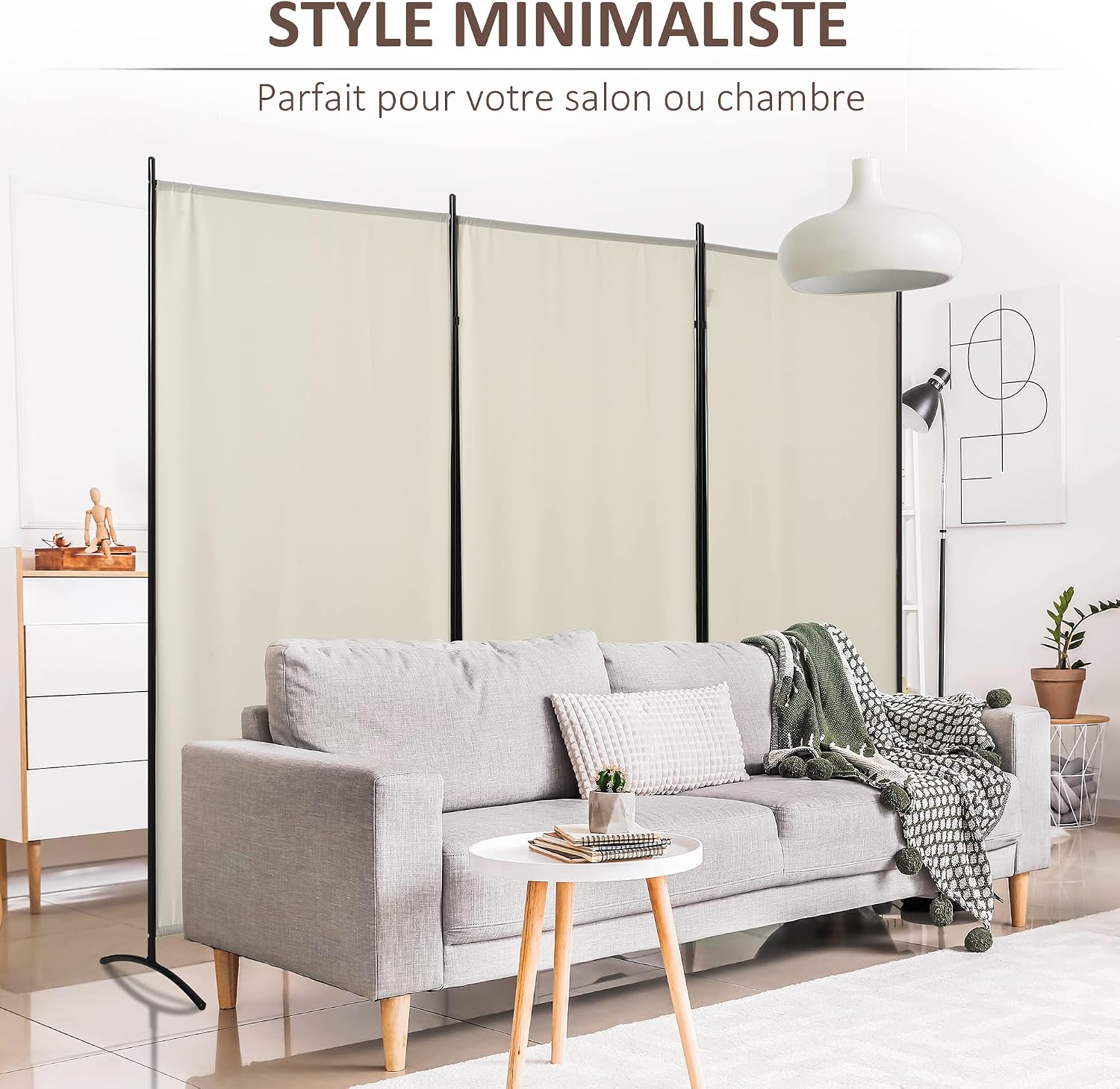 Detalle 2 de HOMCOM Paravent 3 Panneaux 2,53 m × 1,82 m – Brise-Vue autoportant en métal et polyester Haute Densité Beige
