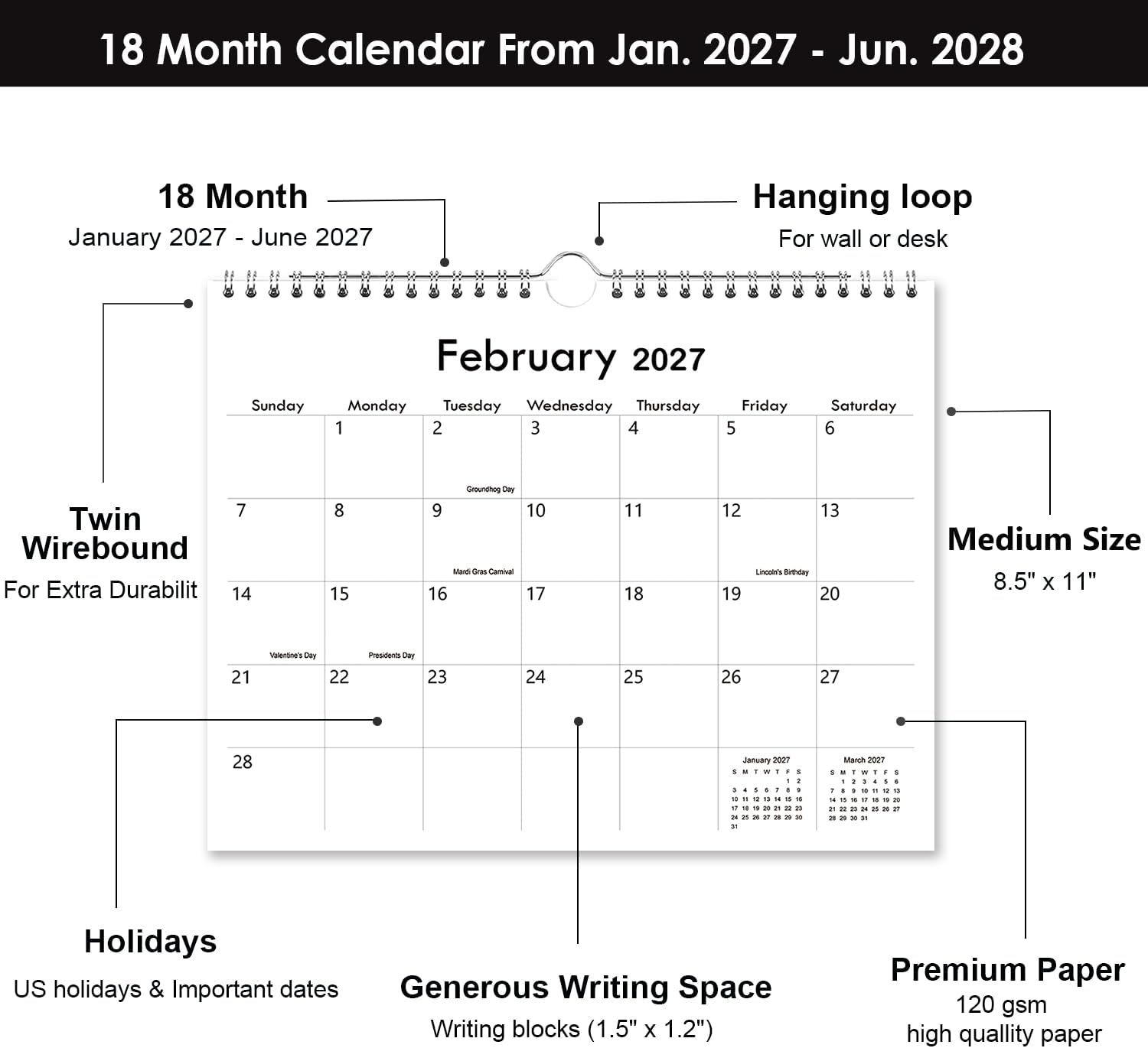 Detalle 2 de Riobat 8-11-h-black 18-Month Wall Calendar, January 2027 to June 2028
