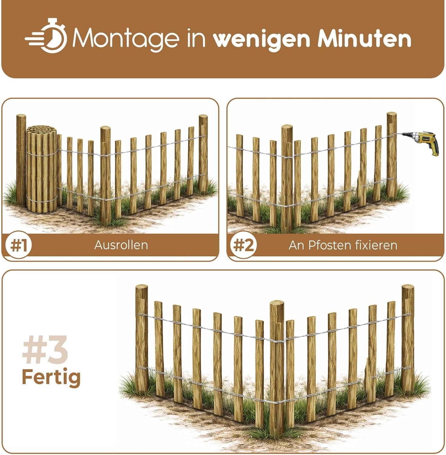 Detalle 2 de BOOGARDI Gartenzaun Holz – Staketenzaun aus Haselnuss, 50 cm hoch, 5 m lang