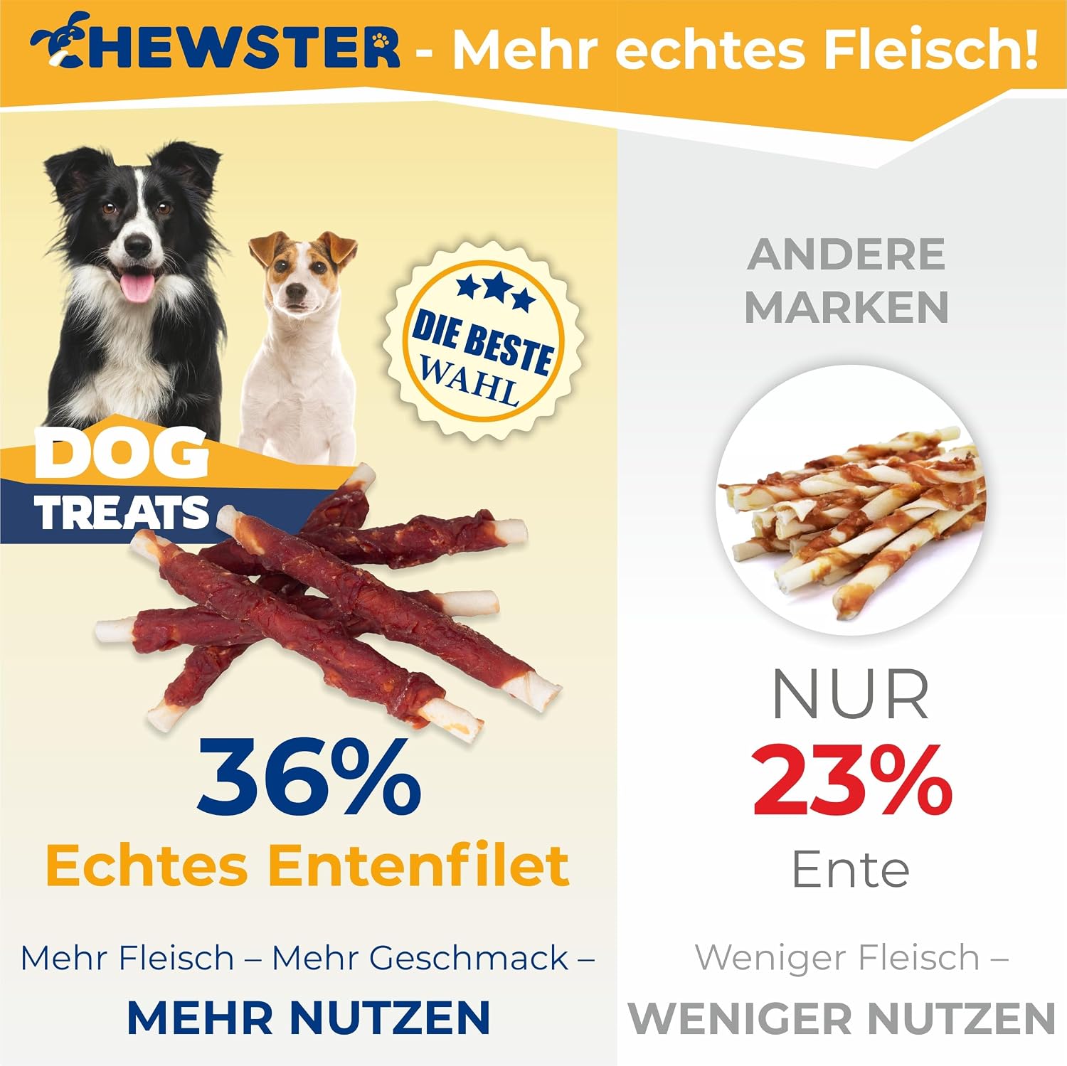 Detalle de CHEWSTER Kaustangen mit Ente – 85 hochwertige Kauknochenrollen für Hunde (800 g)