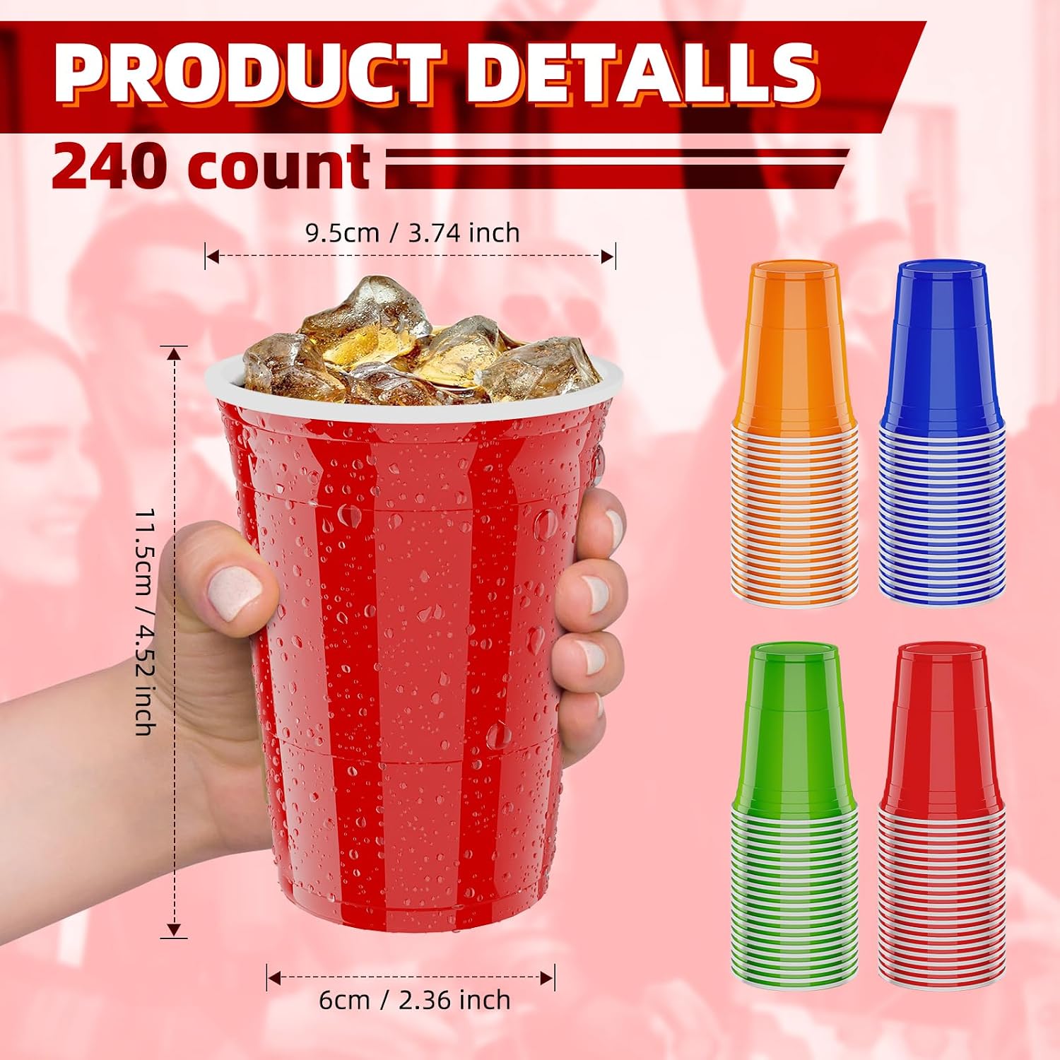Detalle 2 de AOLUXLM 240 Partybecher Set – 473 ml, spülmaschinenfest, Mehrweg in 4 Farben inkl. 20 Bälle