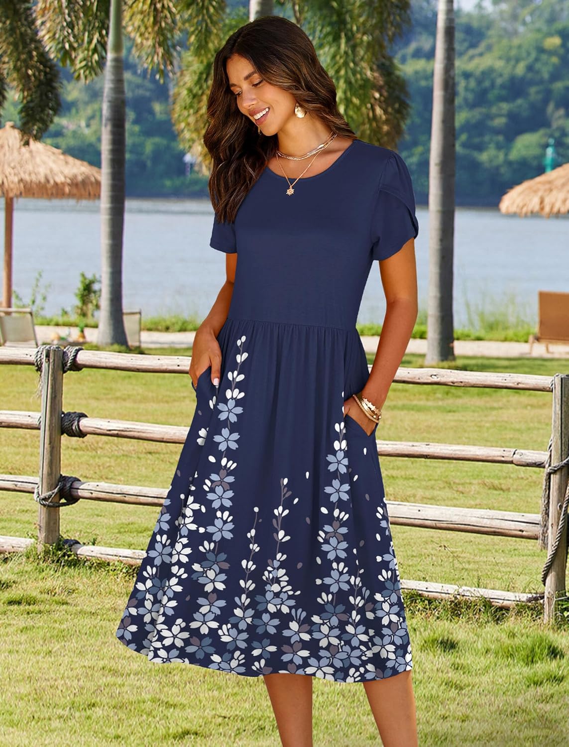 Thumbnail 1 de HOTOUCH Women's Summer A-Line Midi Dress with Floral Print and Pockets