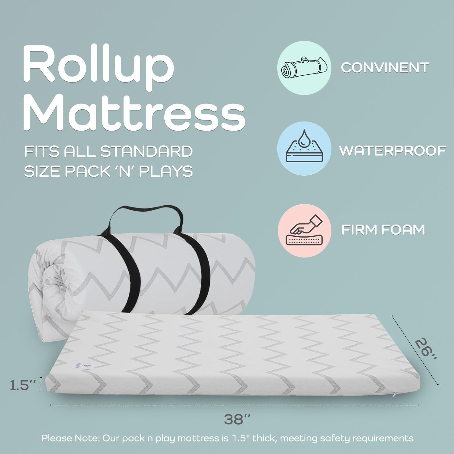 Detalle 2 de Babylicious Waterproof Pack and Play Mattress Topper, 38" x 26" Memory Foam