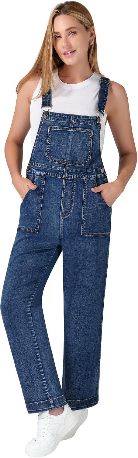 roswear Women's Stretch Denim Overalls with Adjustable Straps and Utility Pockets