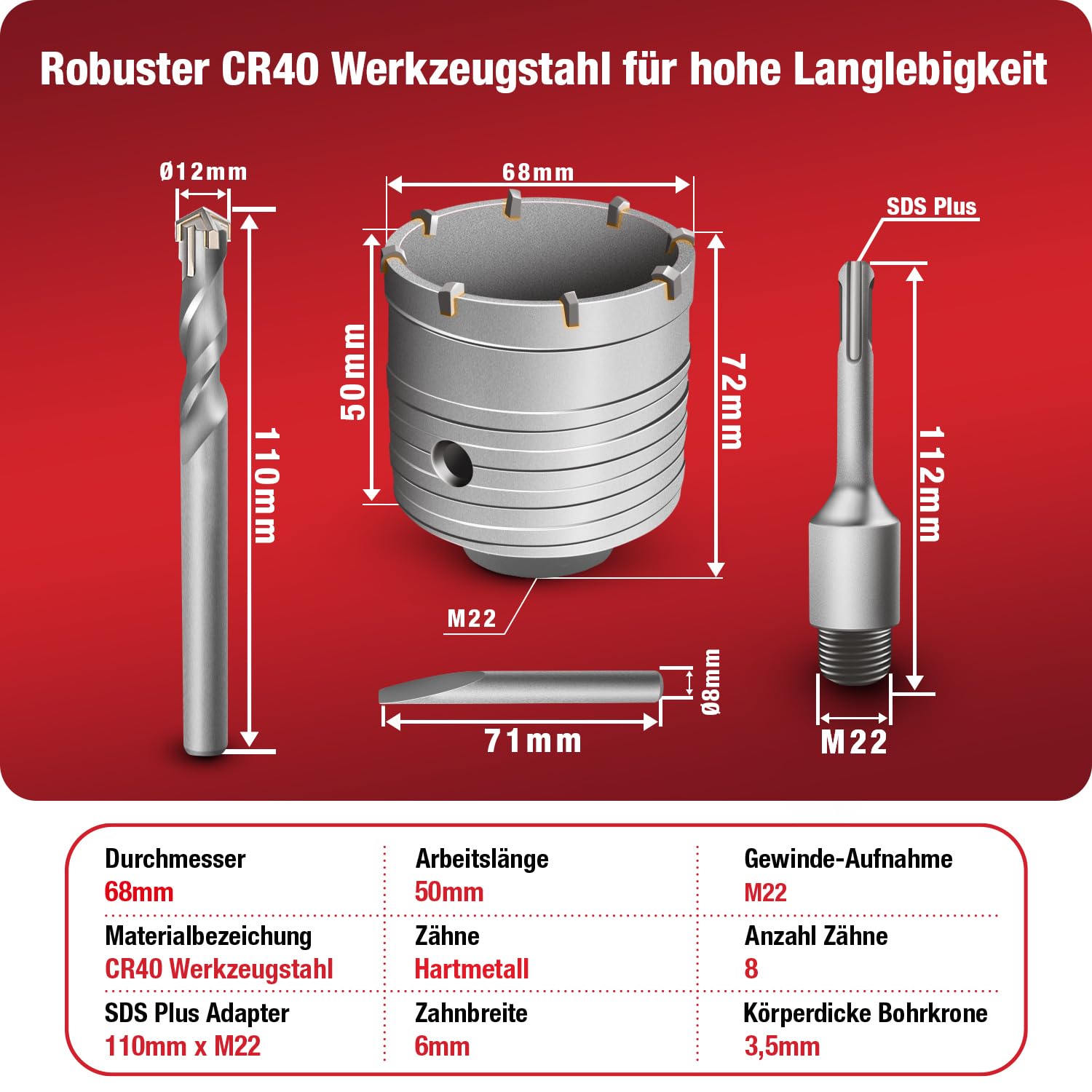 Thumbnail 1 de SCHWABENBACH® SDS-Plus Bohrkrone 68 mm für Steckdosen – Kronenbohrer Mauerwerk mit 8 Hartmetallzähnen