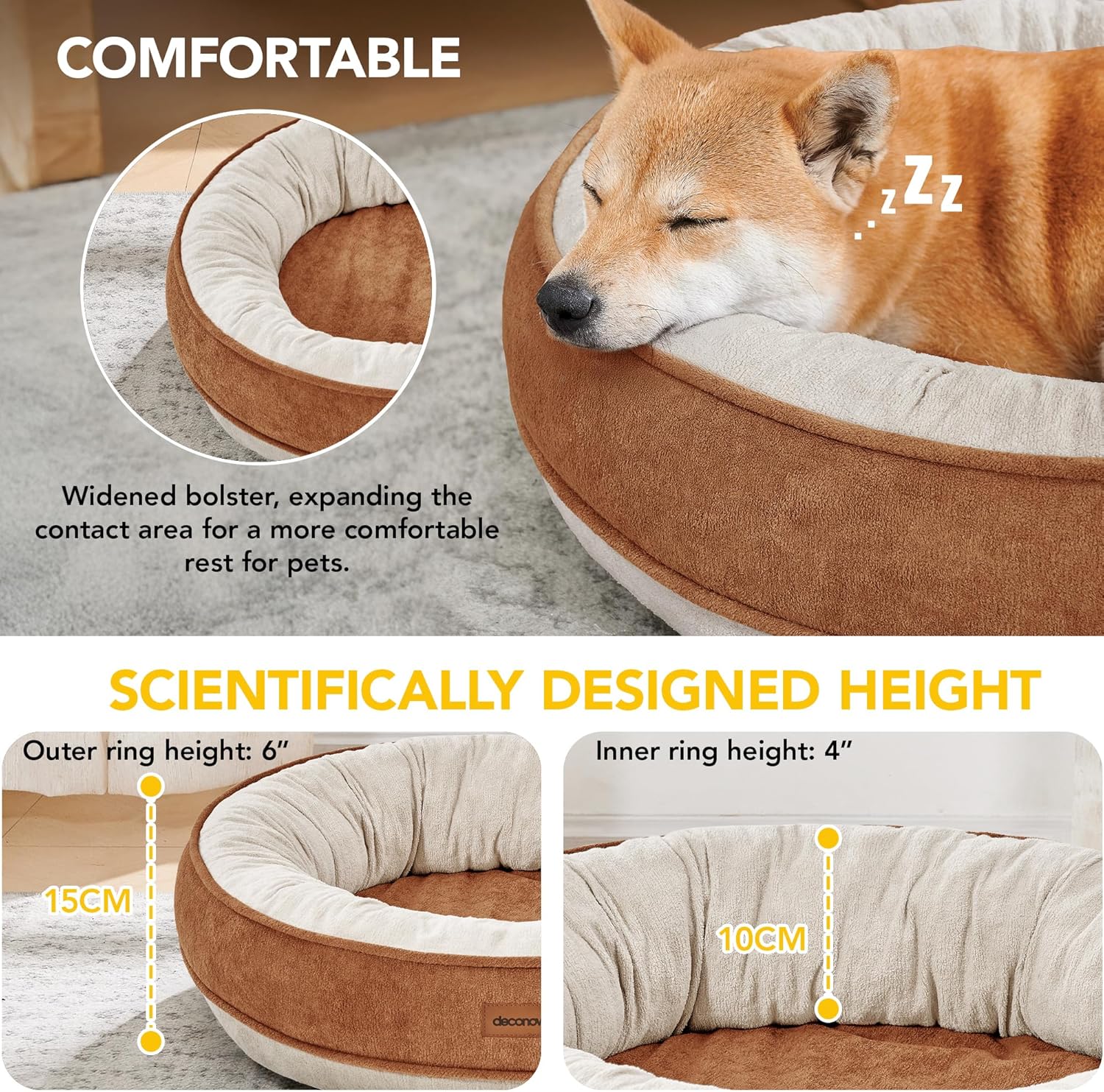 Thumbnail 1 de Deconovo lit orthopédique pour chien 51x51x15 – Coussin pour petits chiens (caramel et blanc cassé)